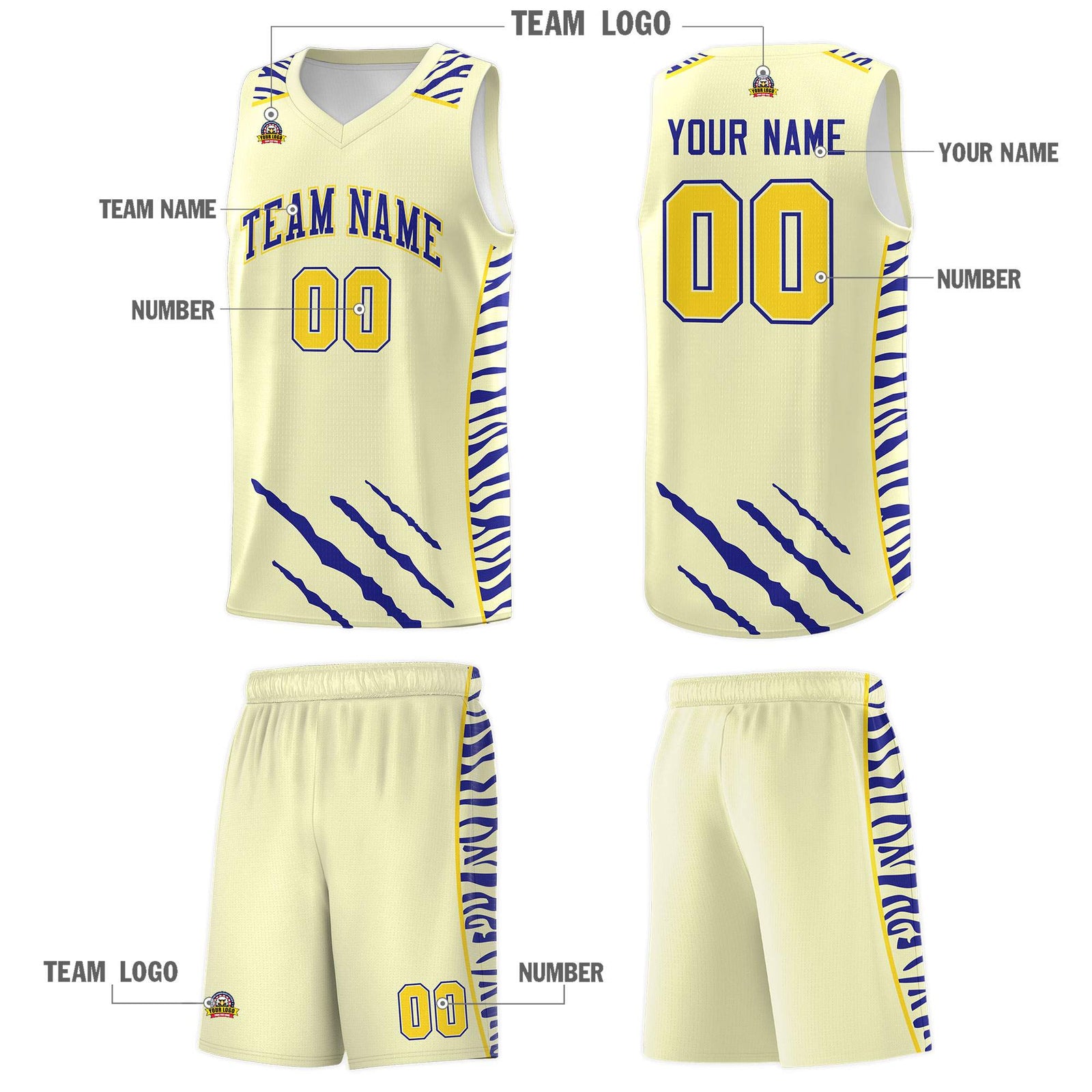 Custom Cream Personalized Tiger Claw Pattern Sports Uniform Basketball Jersey