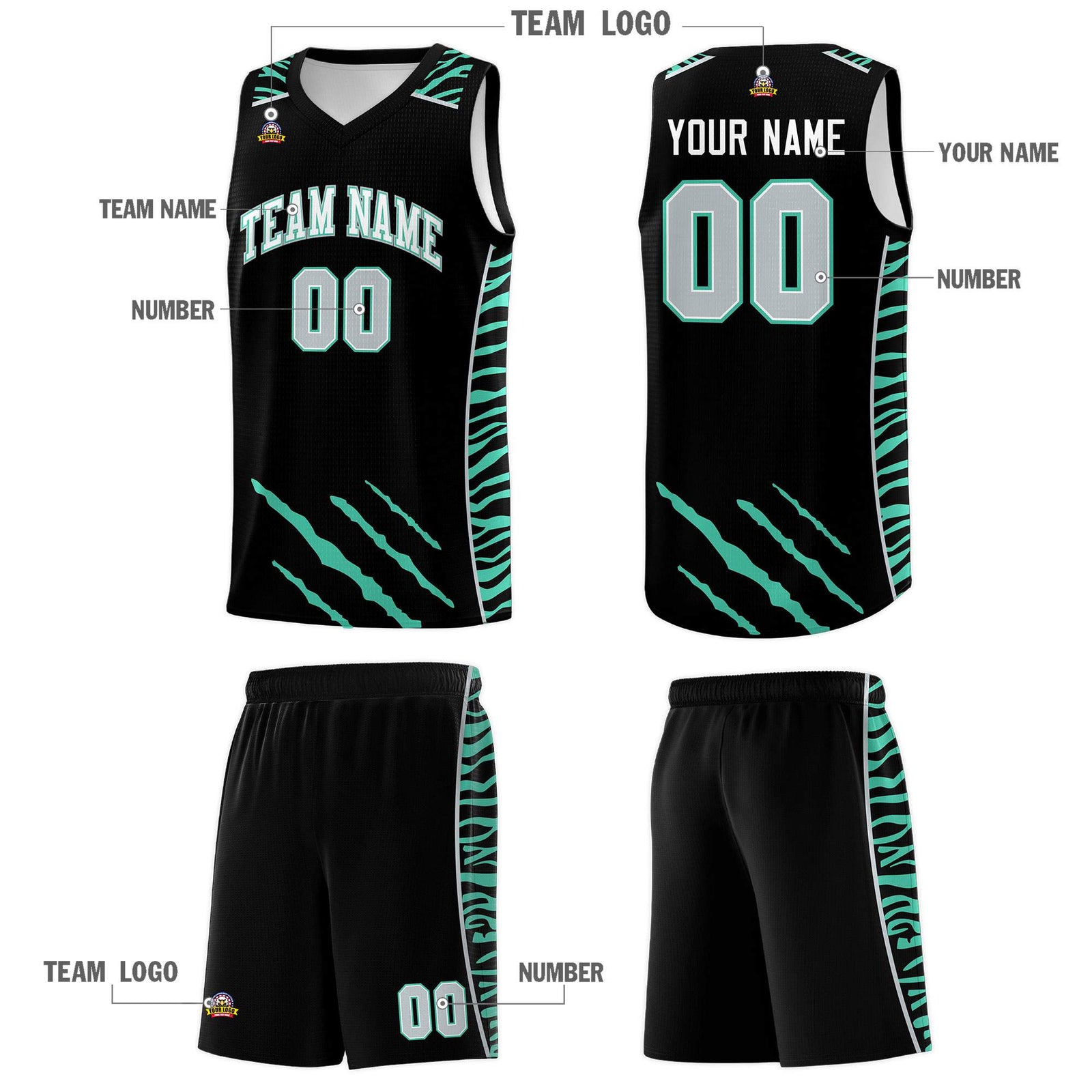 Custom Black Personalized Tiger Claw Pattern Sports Uniform Basketball Jersey