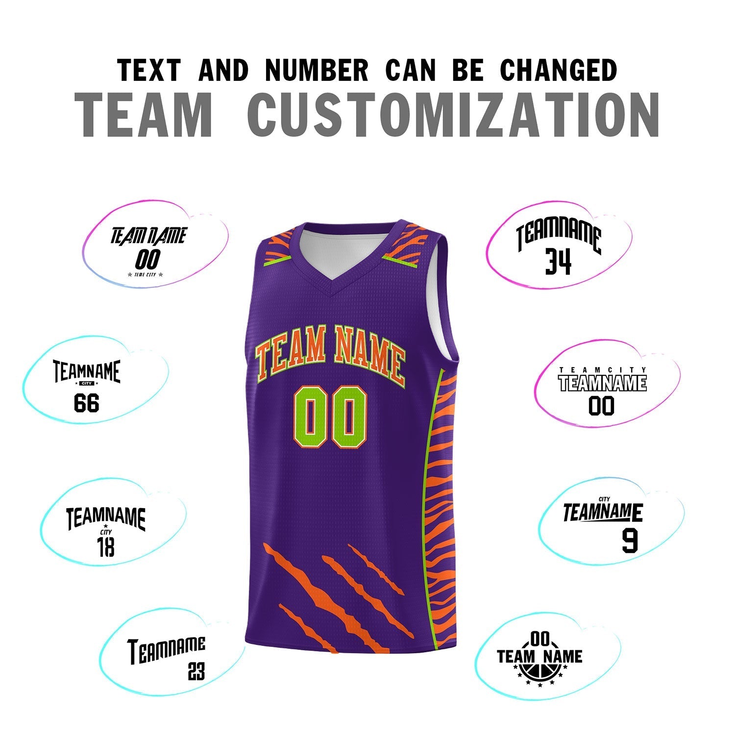 Custom Purple Personalized Tiger Claw Pattern Sports Uniform Basketball Jersey