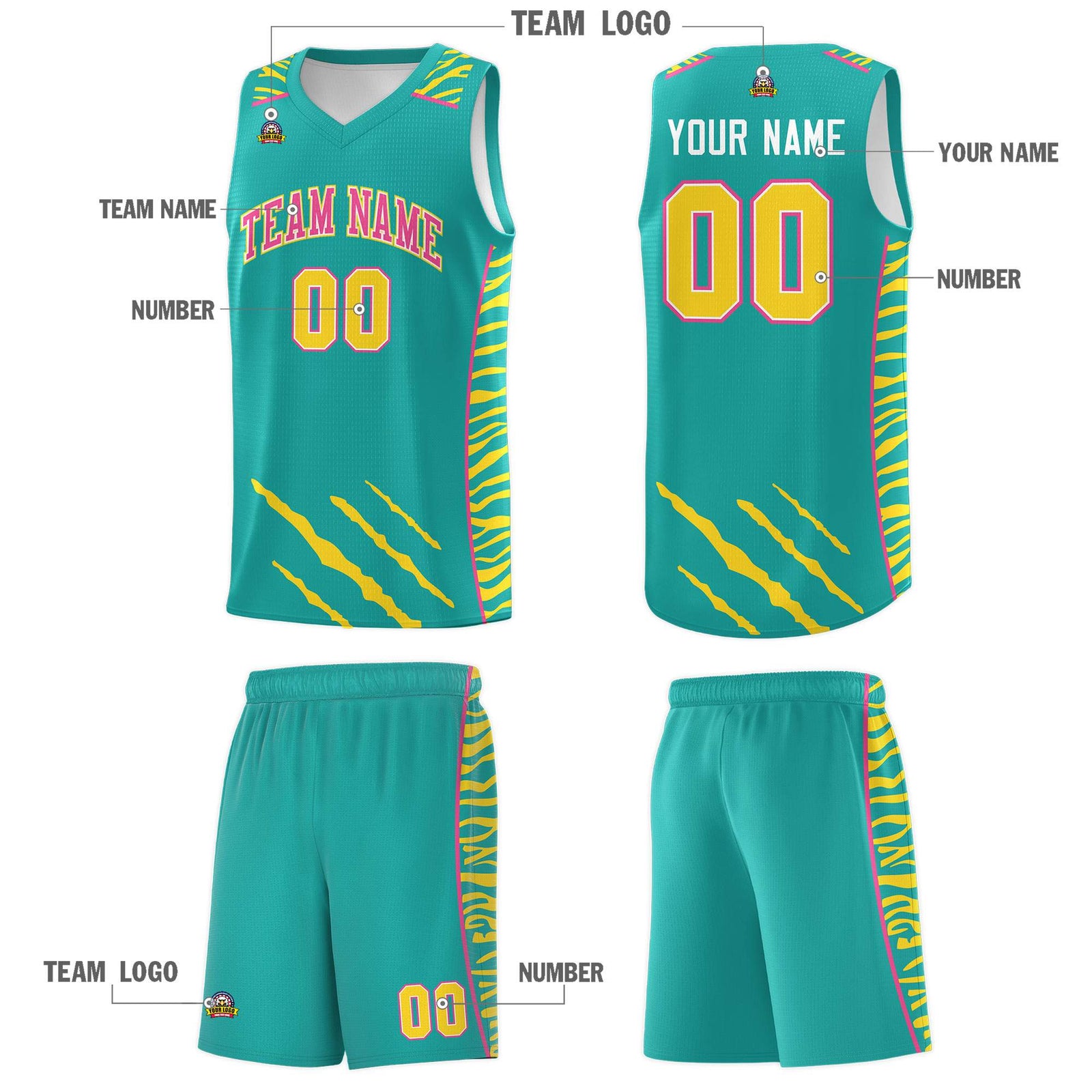 Custom Aqua Personalized Tiger Claw Pattern Sports Uniform Basketball Jersey