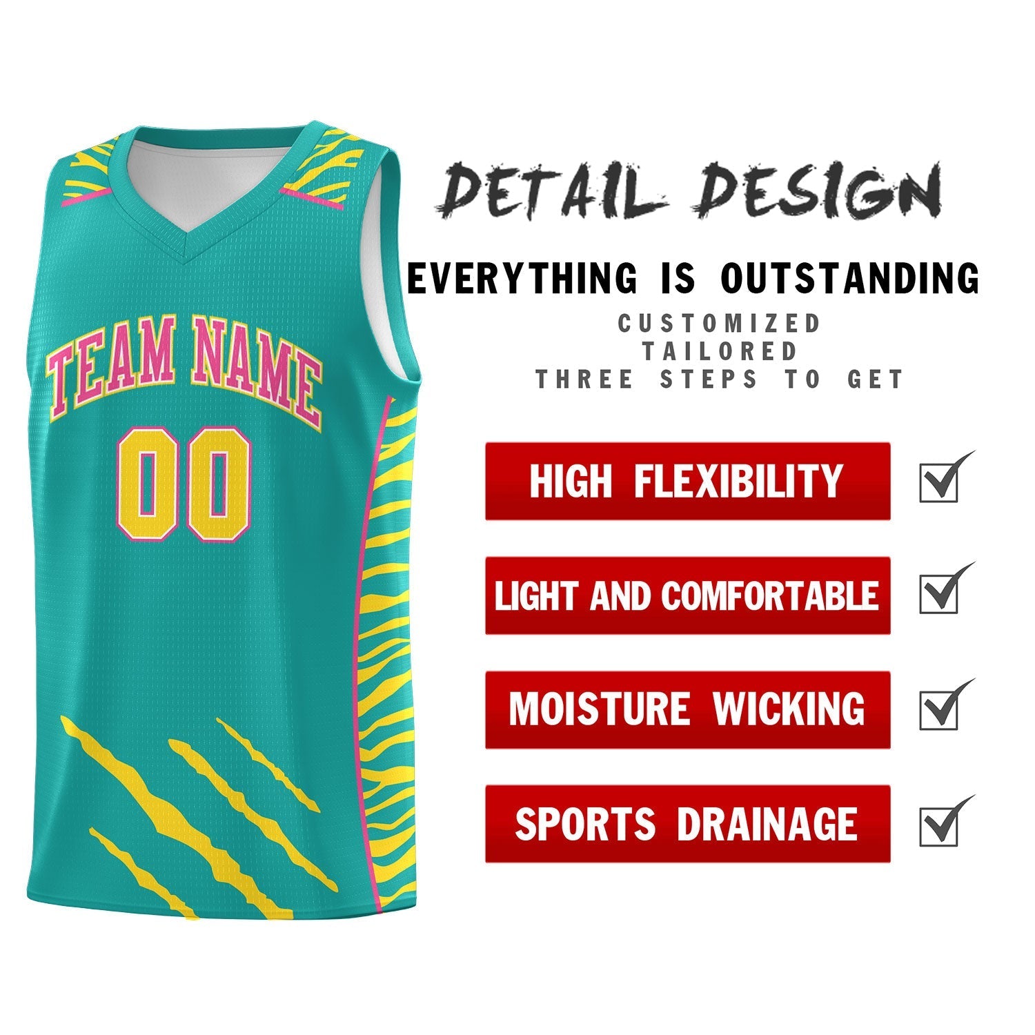 Custom Aqua Personalized Tiger Claw Pattern Sports Uniform Basketball Jersey