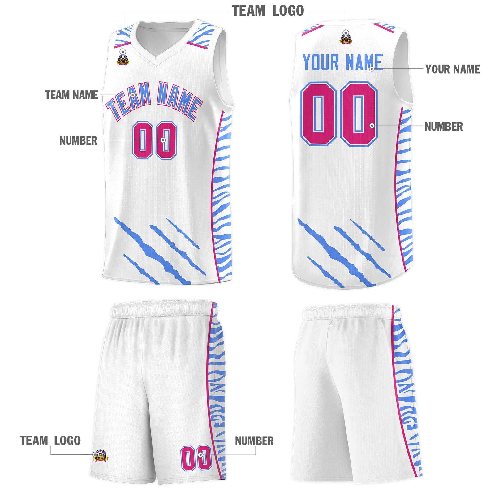 Custom White Personalized Tiger Claw Pattern Sports Uniform Basketball Jersey