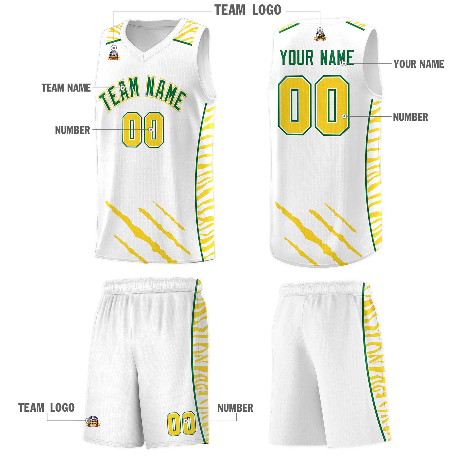 Custom White Personalized Tiger Claw Pattern Sports Uniform Basketball Jersey