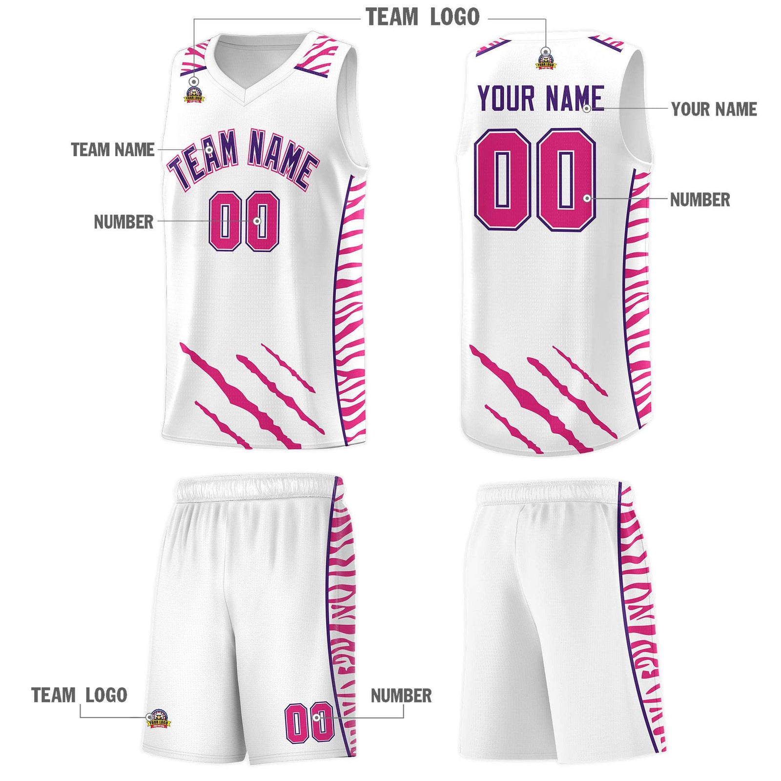 Custom White Personalized Tiger Claw Pattern Sports Uniform Basketball Jersey