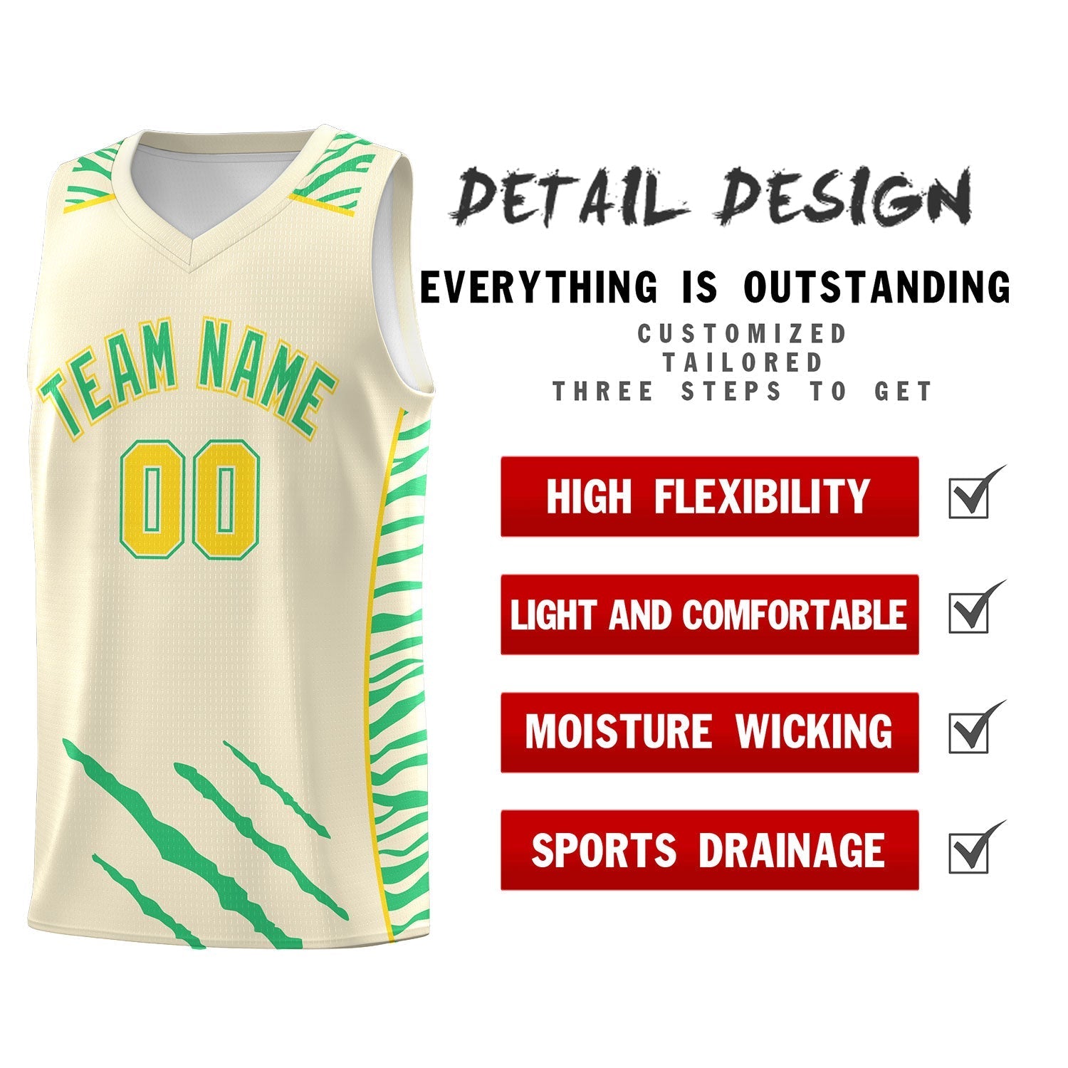 Custom Cream Personalized Tiger Claw Pattern Sports Uniform Basketball Jersey