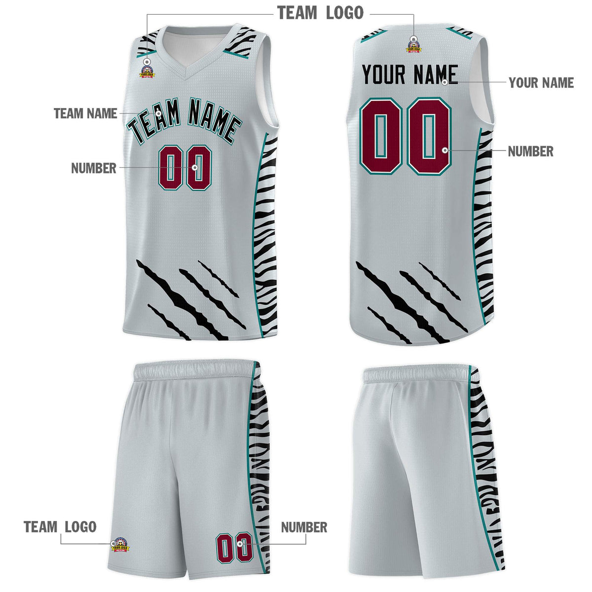 Custom Silver Personalized Tiger Claw Pattern Sports Uniform Basketball Jersey