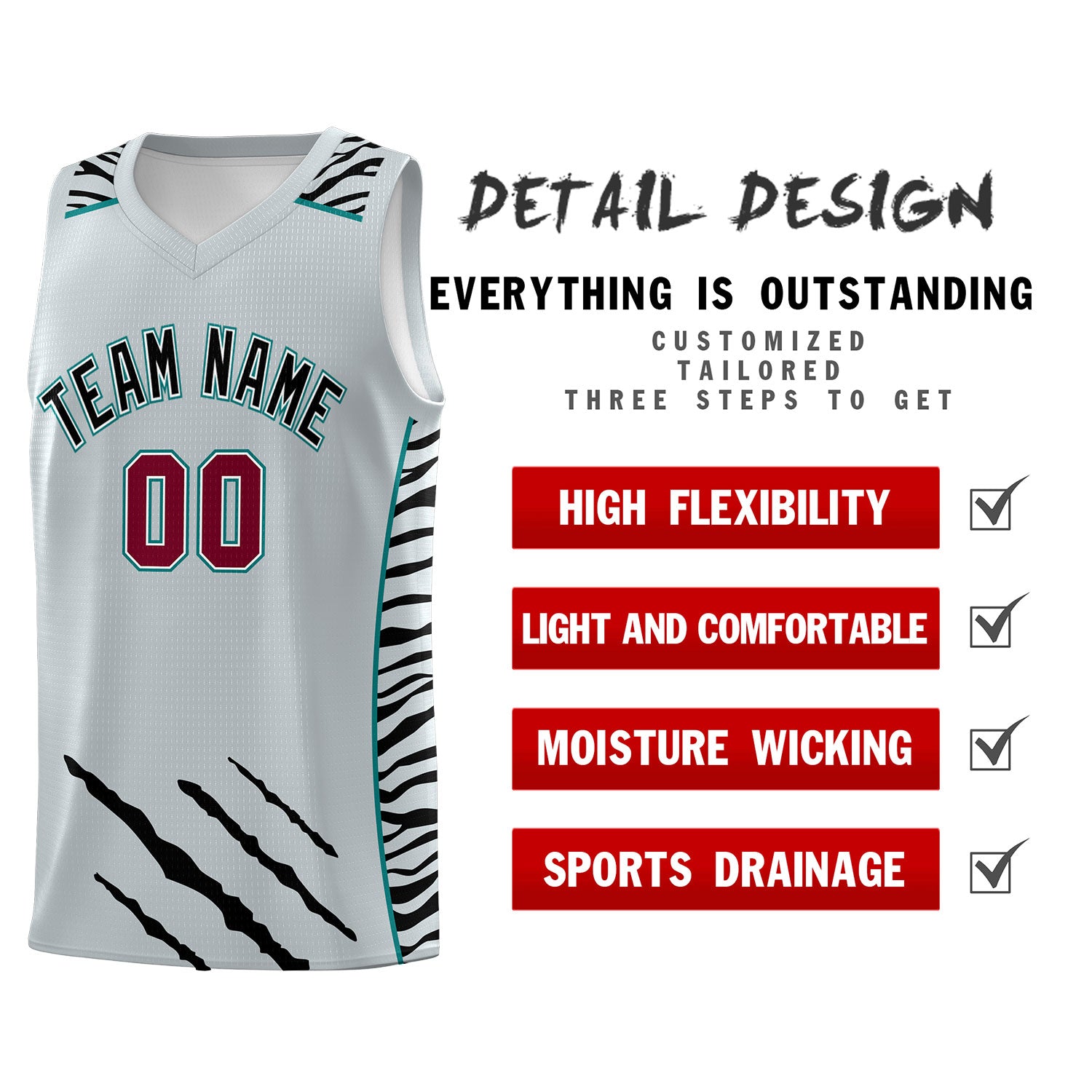 Custom Silver Personalized Tiger Claw Pattern Sports Uniform Basketball Jersey
