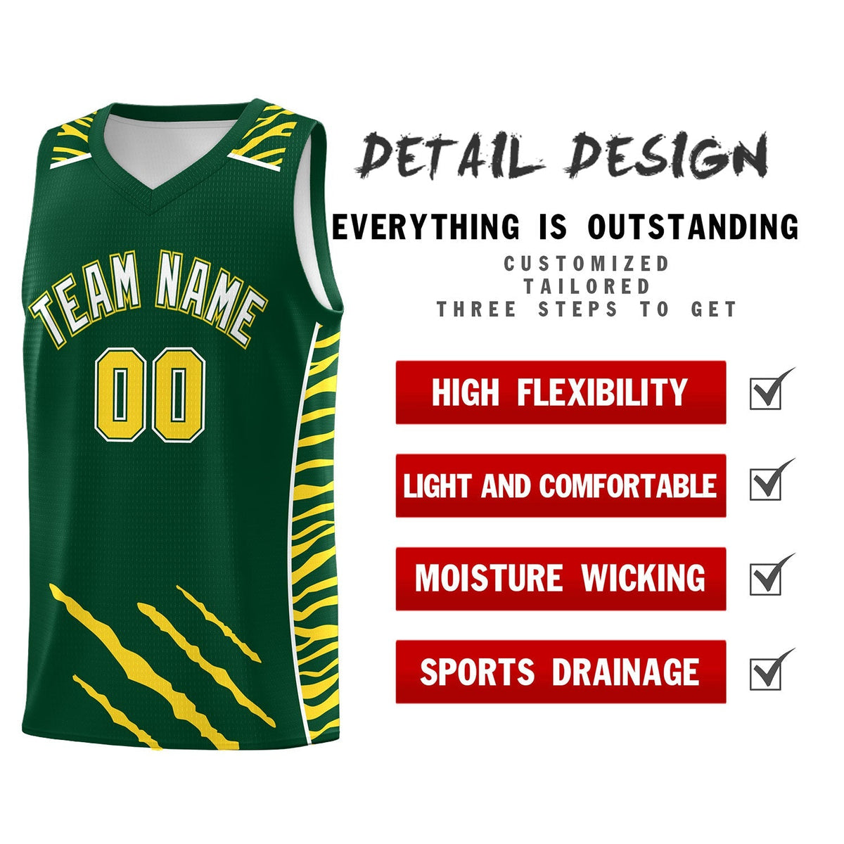 Custom Green Personalized Tiger Claw Pattern Sports Uniform Basketball Jersey