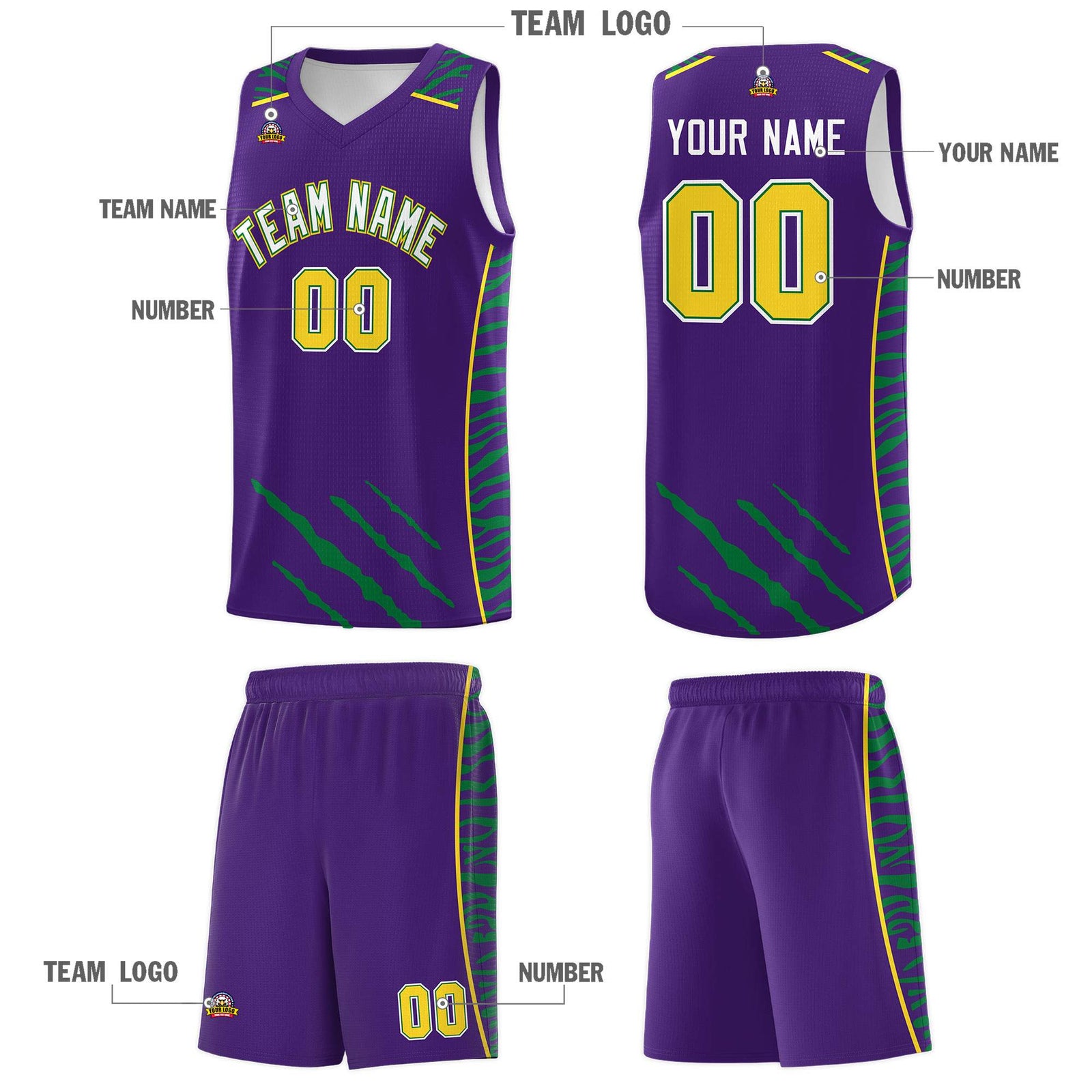 Custom Purple Personalized Tiger Claw Pattern Sports Uniform Basketball Jersey