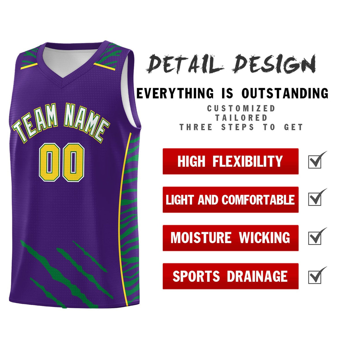 Custom Purple Personalized Tiger Claw Pattern Sports Uniform Basketball Jersey