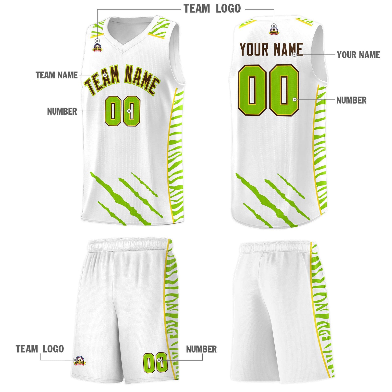 Custom White Personalized Tiger Claw Pattern Sports Uniform Basketball Jersey