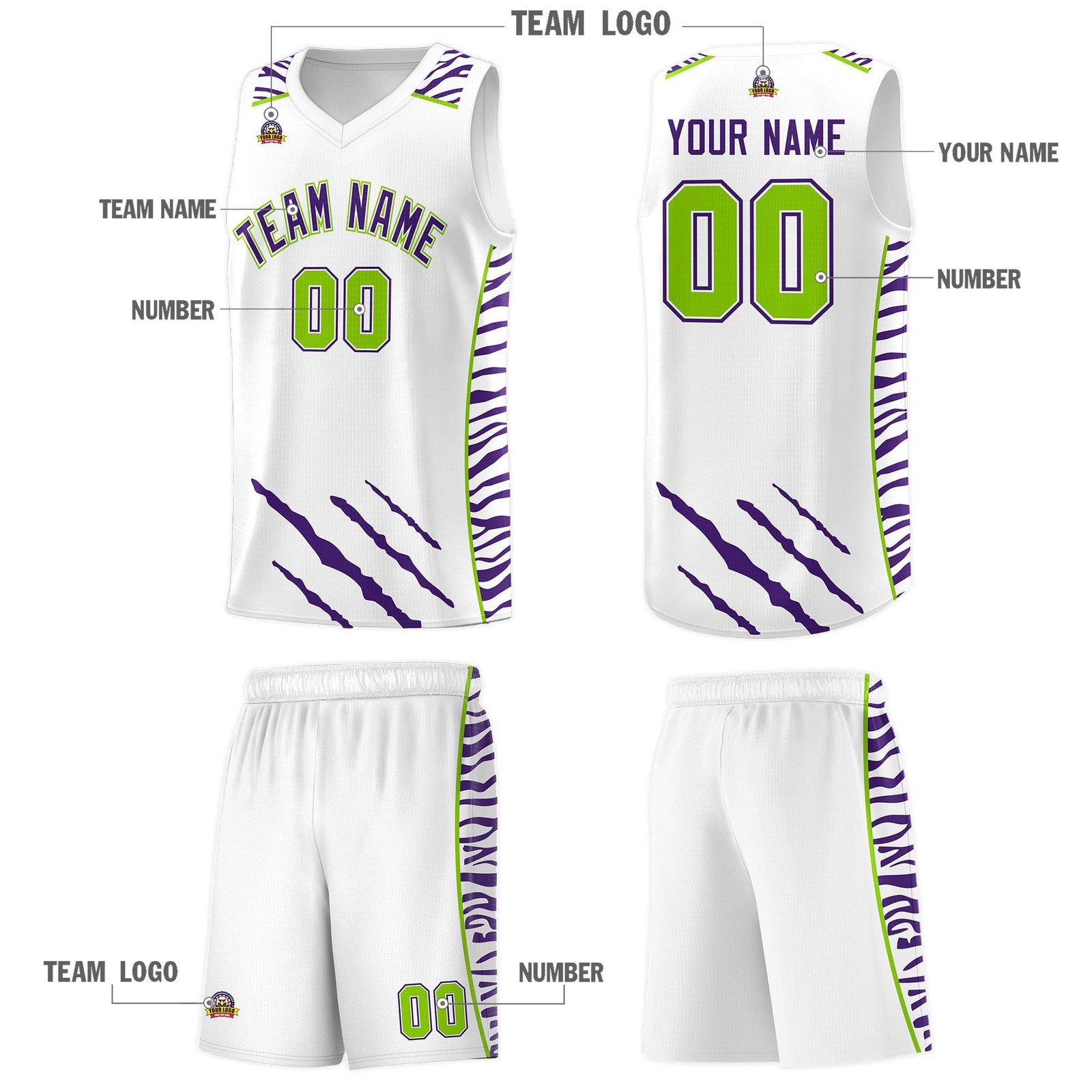 Custom White Personalized Tiger Claw Pattern Sports Uniform Basketball Jersey