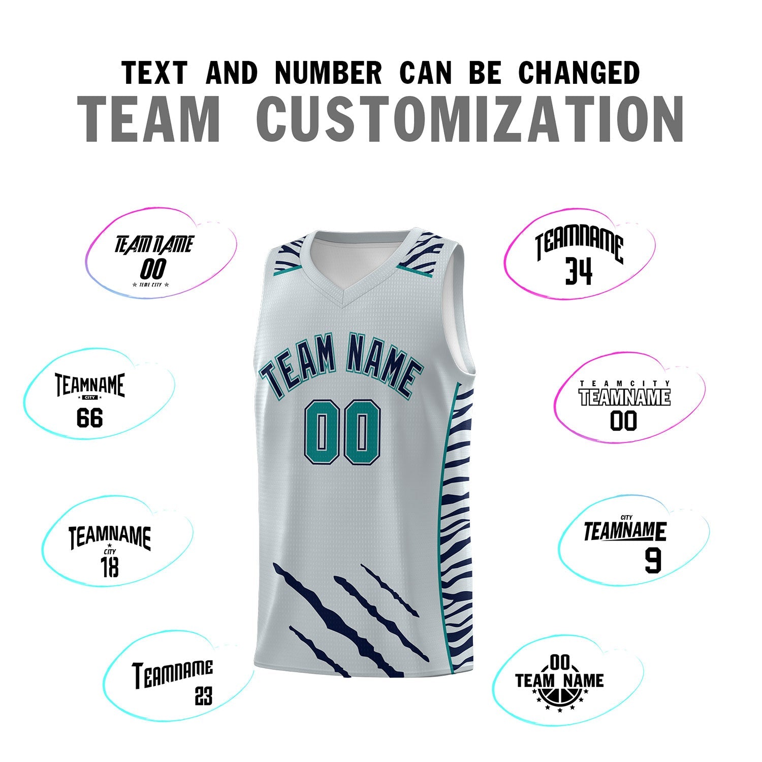 Custom Silver Personalized Tiger Claw Pattern Sports Uniform Basketball Jersey