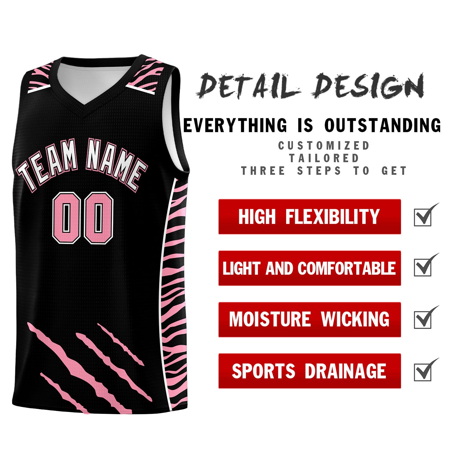 Custom Black Personalized Tiger Claw Pattern Sports Uniform Basketball Jersey