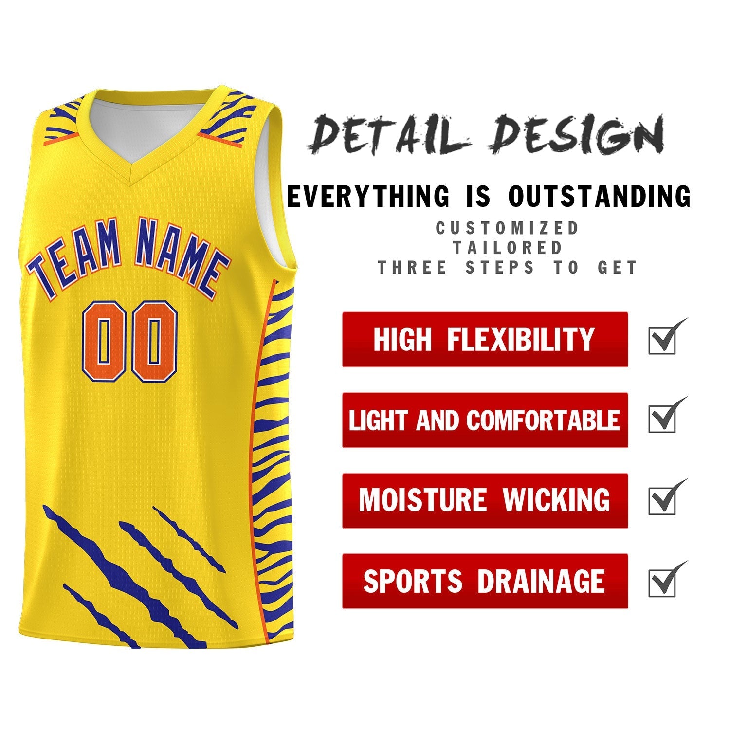 Custom Gold Personalized Tiger Claw Pattern Sports Uniform Basketball Jersey