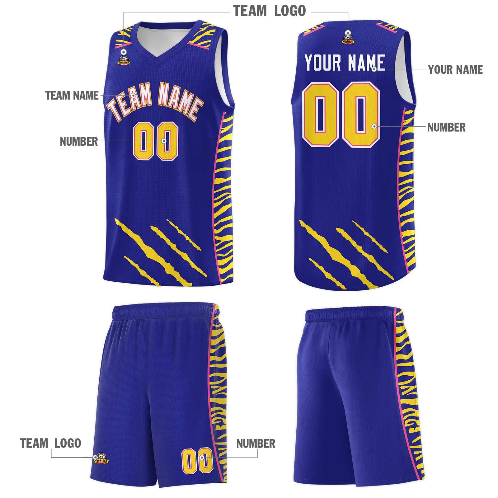 Custom Royal Personalized Tiger Claw Pattern Sports Uniform Basketball Jersey