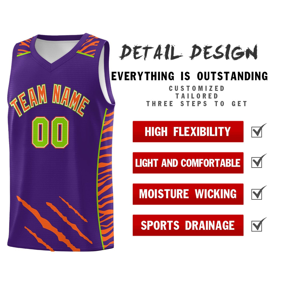 Custom Purple Personalized Tiger Claw Pattern Sports Uniform Basketball Jersey