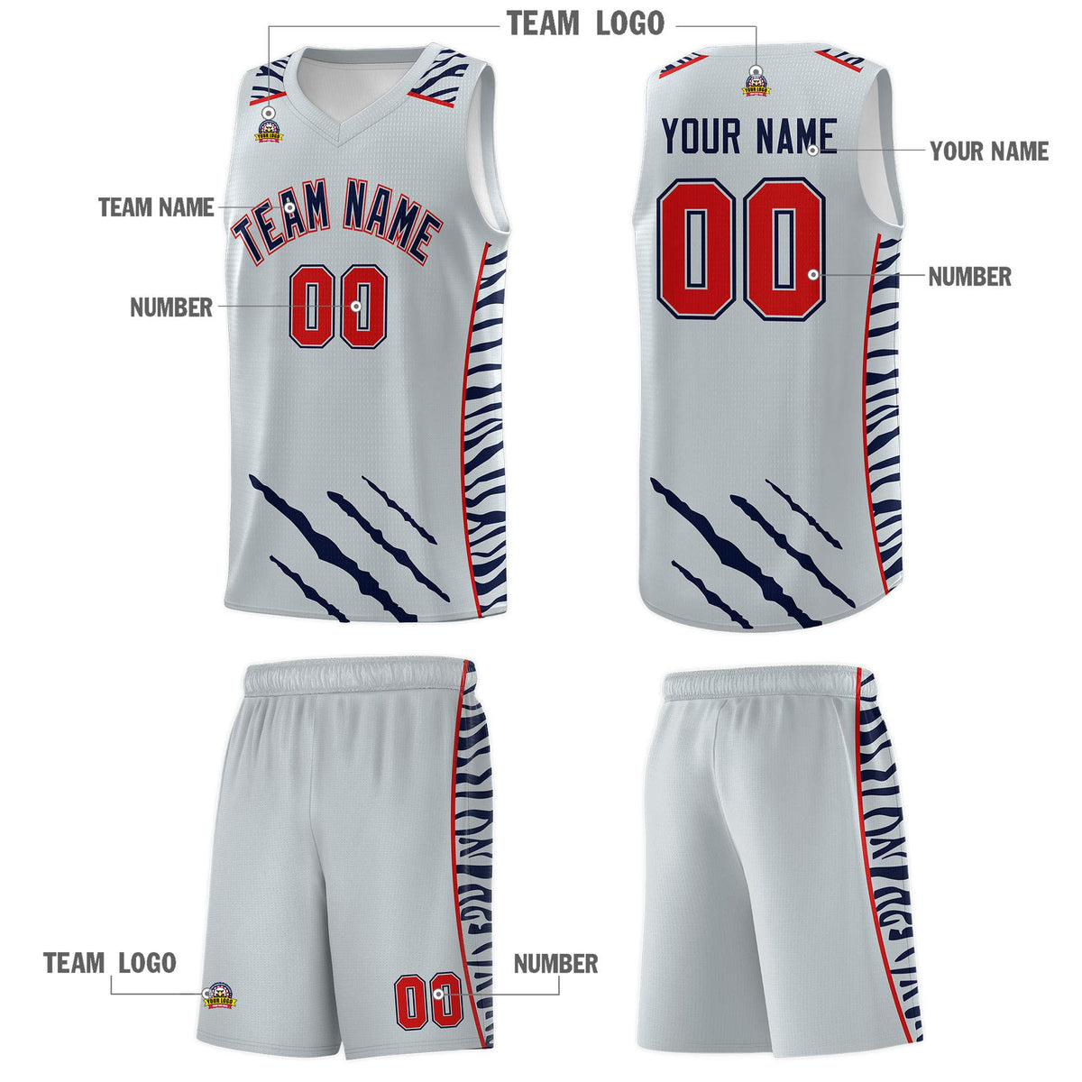 Custom Silver Personalized Tiger Claw Pattern Sports Uniform Basketball Jersey