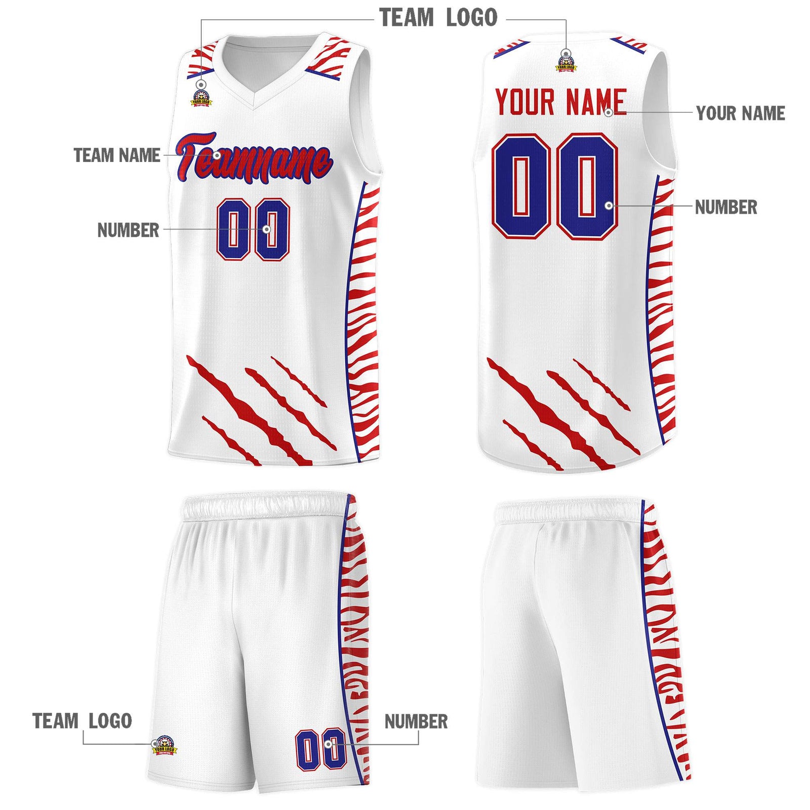 Custom White Personalized Tiger Claw Pattern Sports Uniform Basketball Jersey