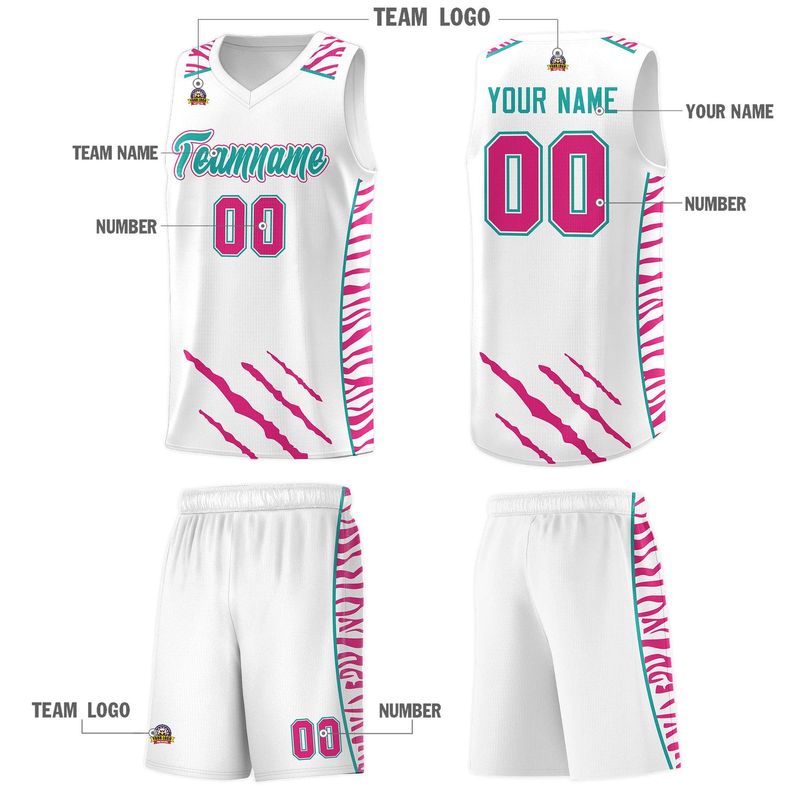 Custom White Personalized Tiger Claw Pattern Sports Uniform Basketball Jersey