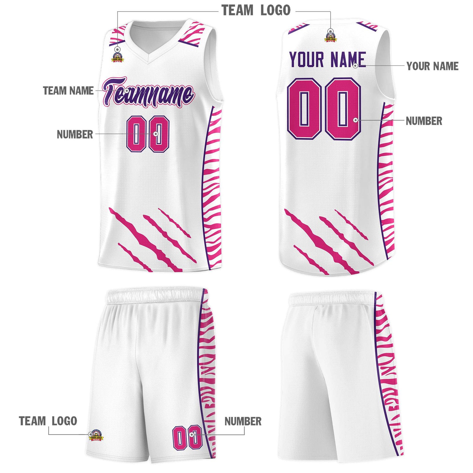 Custom White Personalized Tiger Claw Pattern Sports Uniform Basketball Jersey