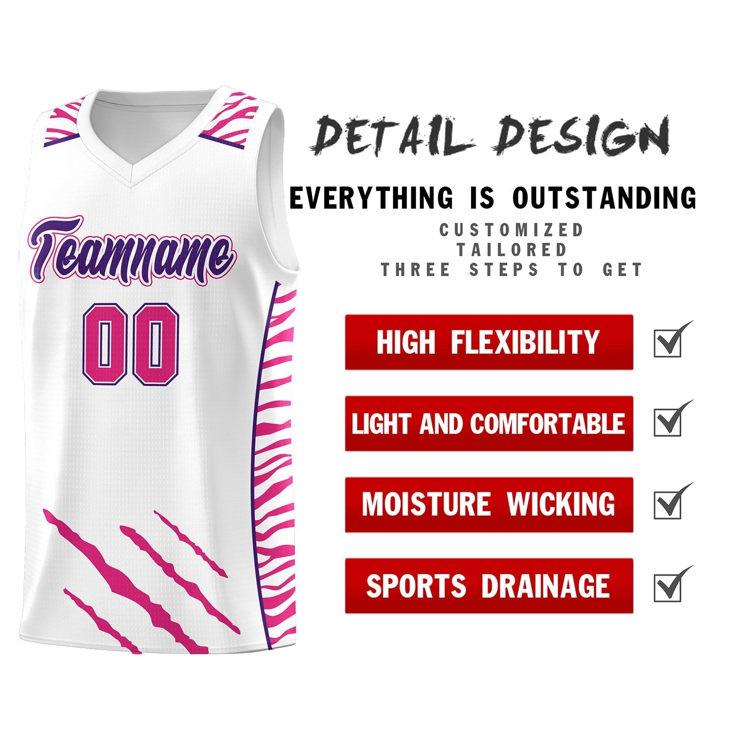 Custom White Personalized Tiger Claw Pattern Sports Uniform Basketball Jersey
