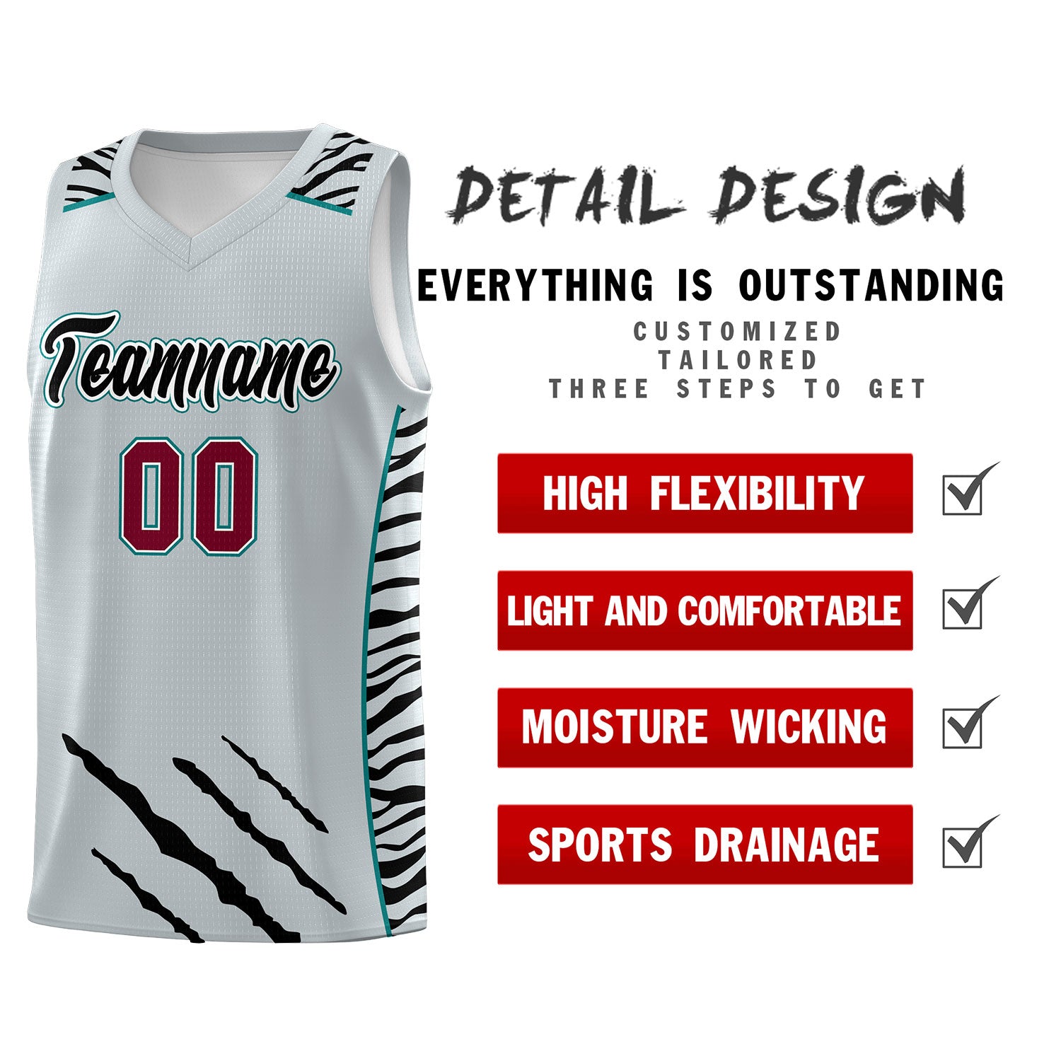 Custom Silver Personalized Tiger Claw Pattern Sports Uniform Basketball Jersey