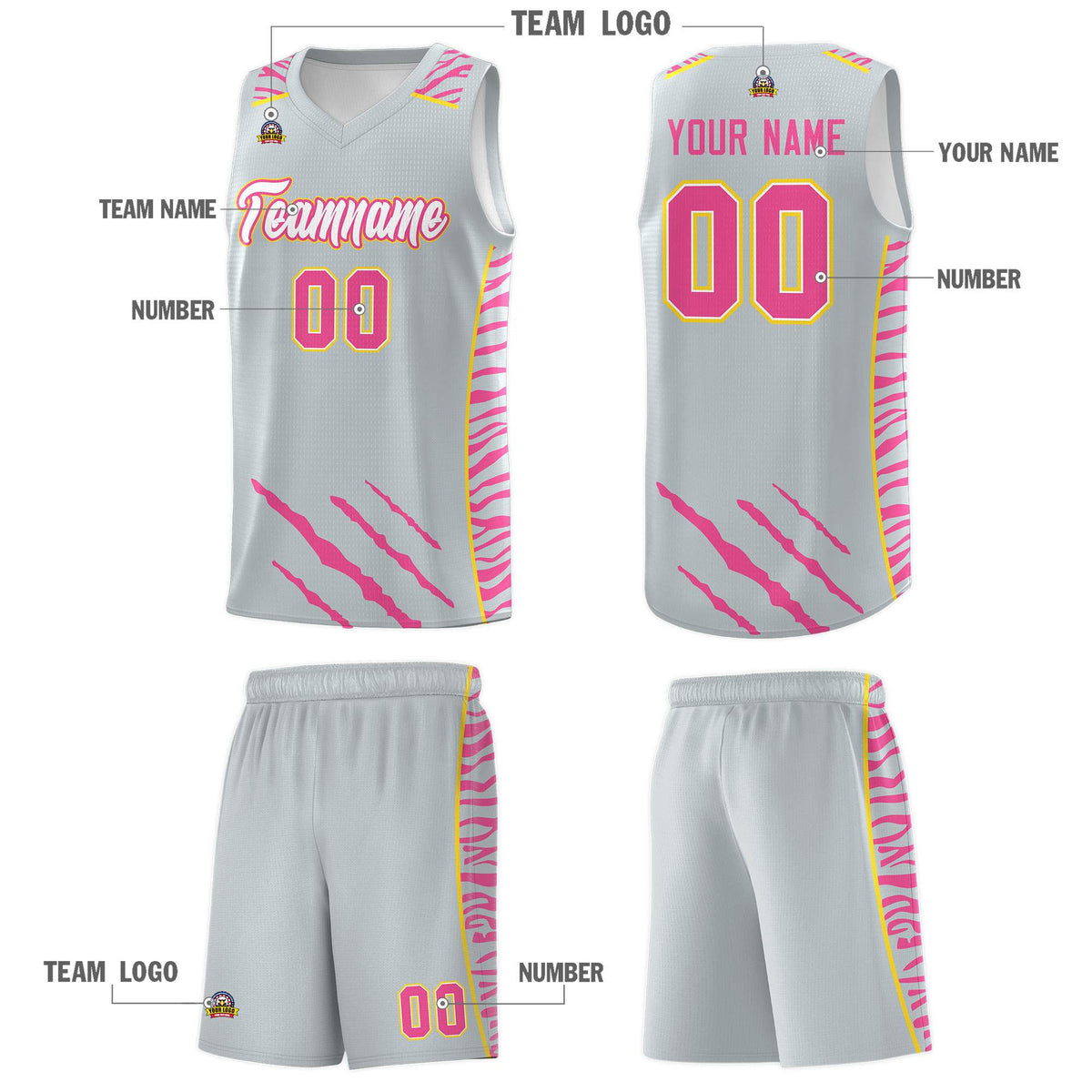 Custom Silver Personalized Tiger Claw Pattern Sports Uniform Basketball Jersey