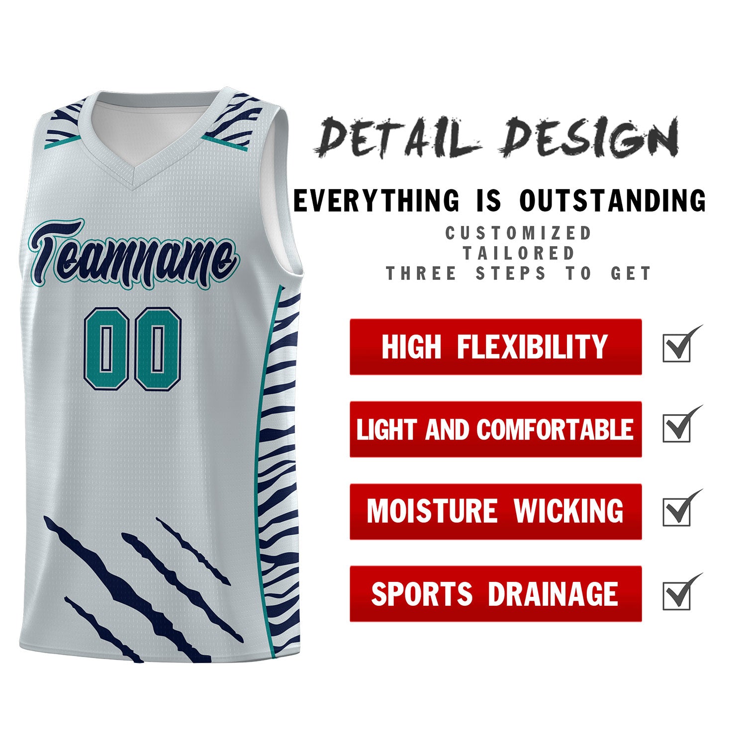 Custom Silver Personalized Tiger Claw Pattern Sports Uniform Basketball Jersey