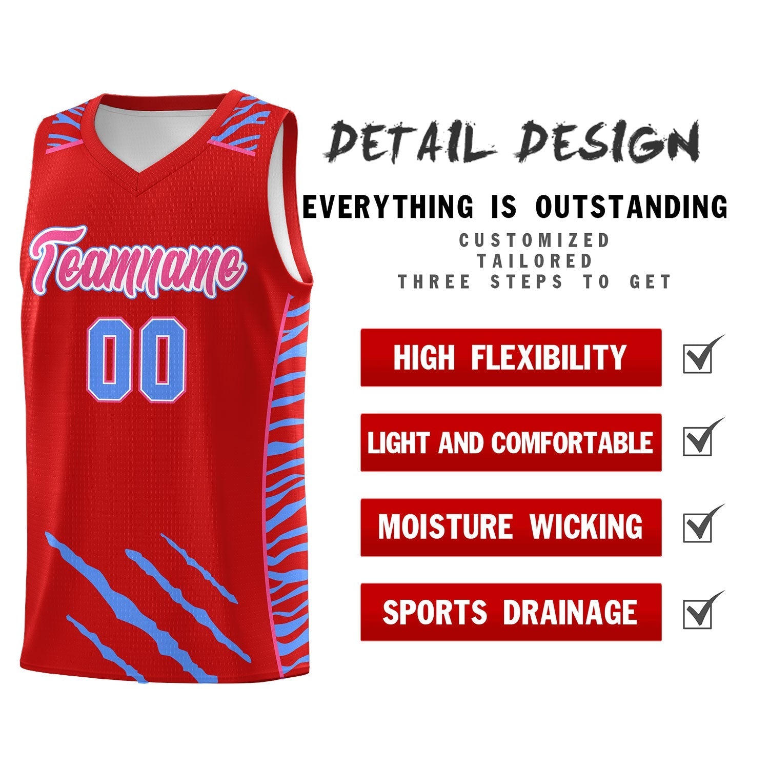 Custom Red Personalized Tiger Claw Pattern Sports Uniform Basketball Jersey