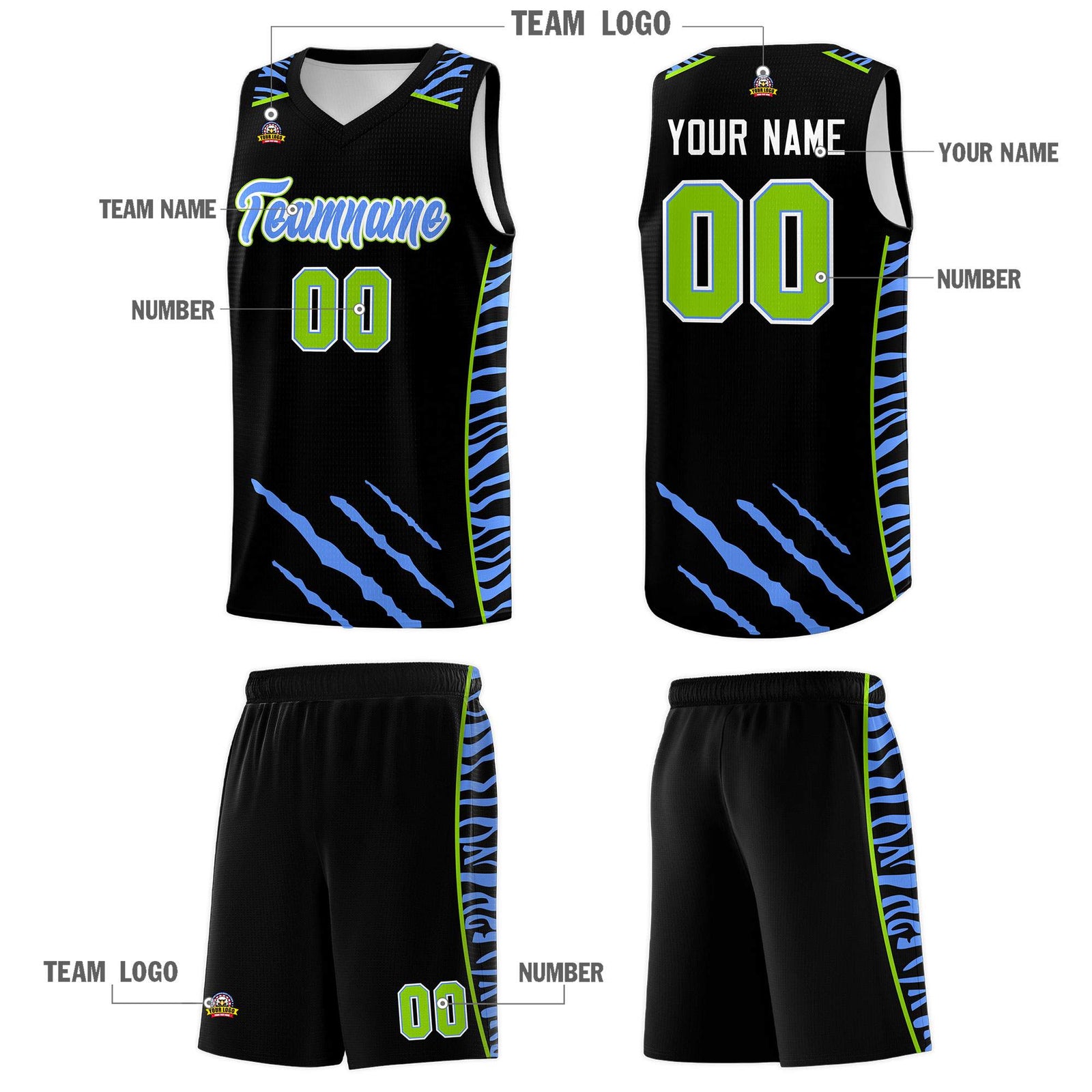 Custom Black Personalized Tiger Claw Pattern Sports Uniform Basketball Jersey