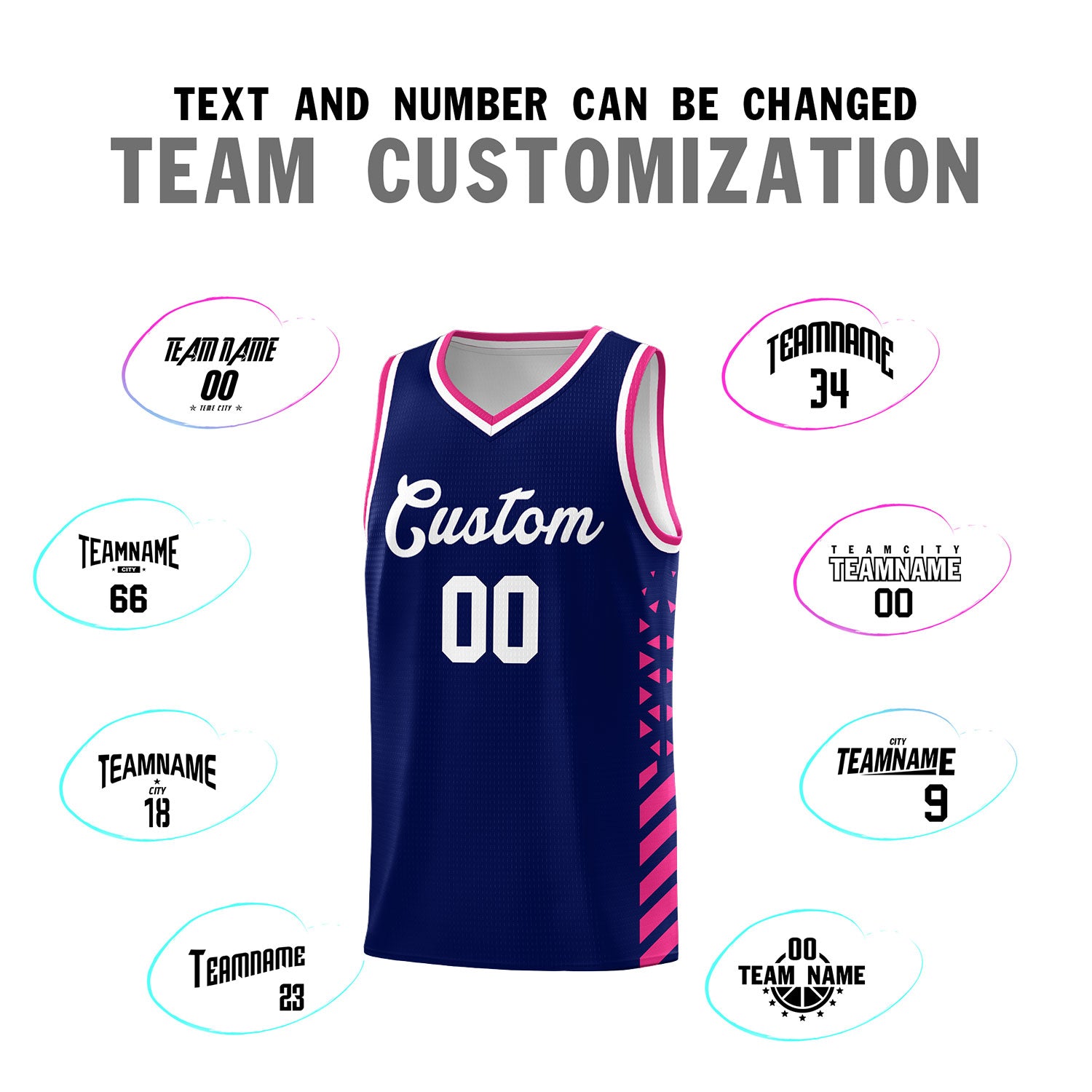 Custom Navy Basketball Kits With Side Rose Red Diamond Stripe Pattern