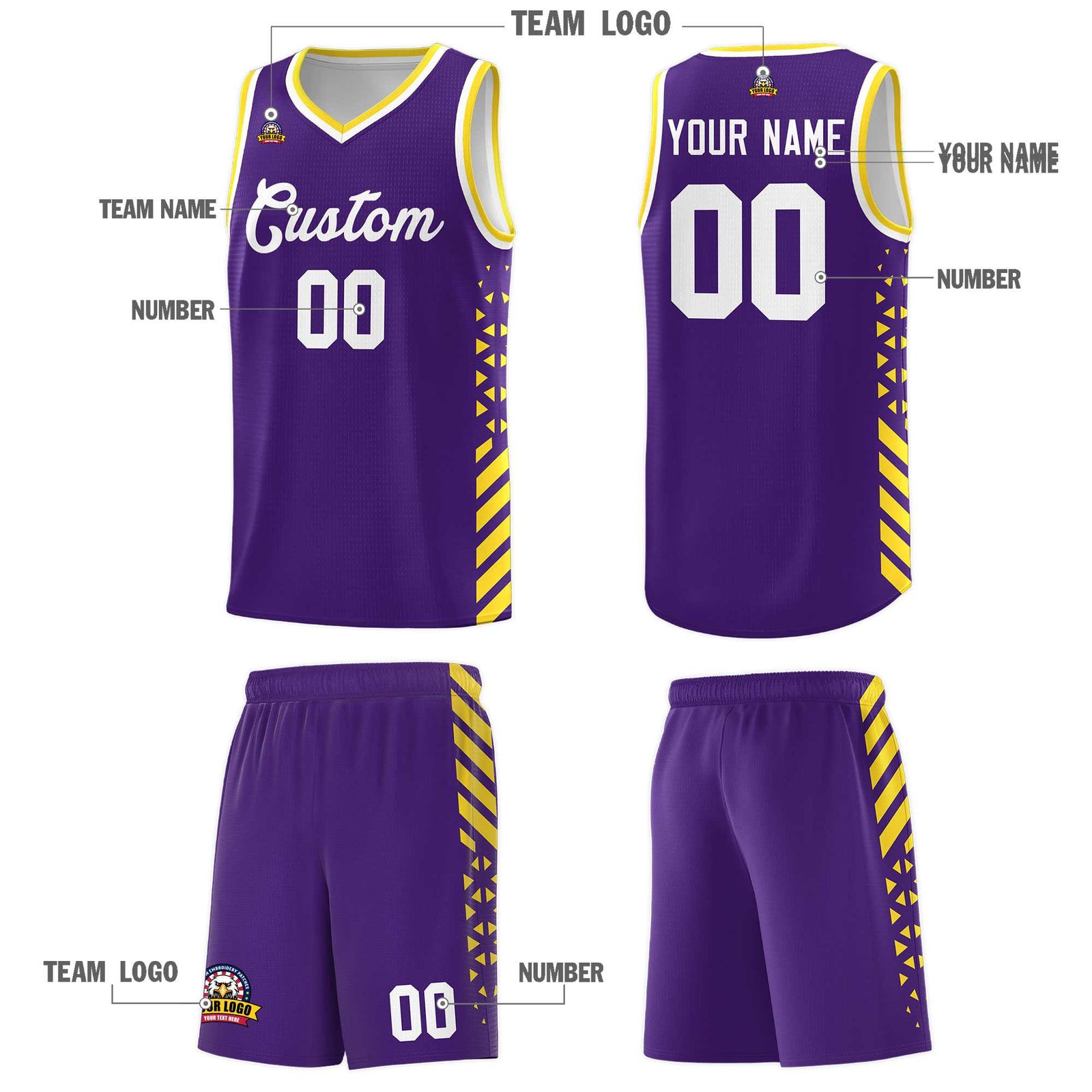Custom Purple Basketball Kits With Side Gold Diamond Stripe Pattern