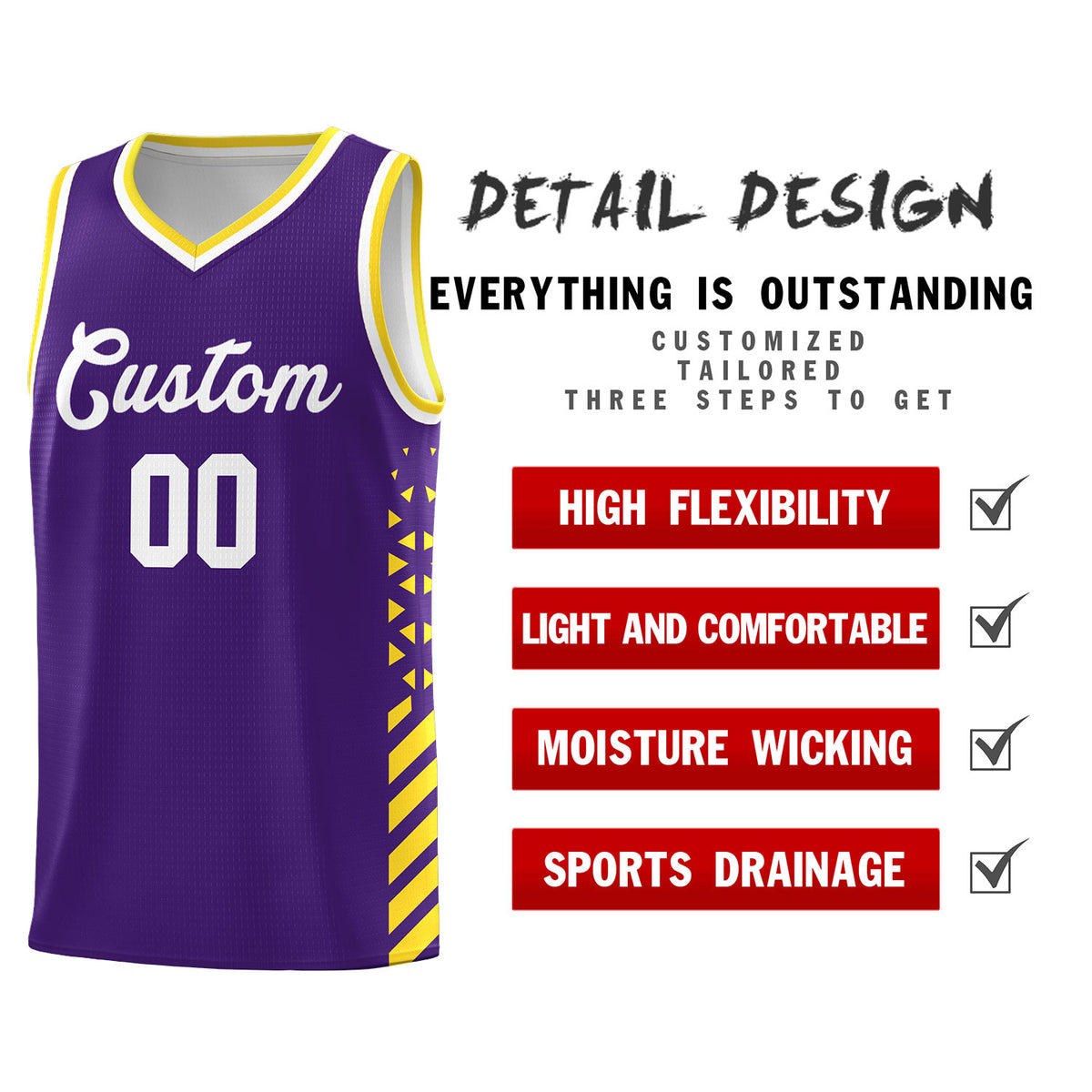 Custom Purple Basketball Kits With Side Gold Diamond Stripe Pattern