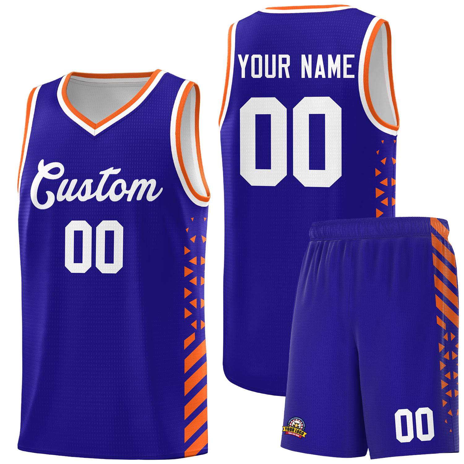 Custom Royal Basketball Kits With Side Orange Diamond Stripe Pattern