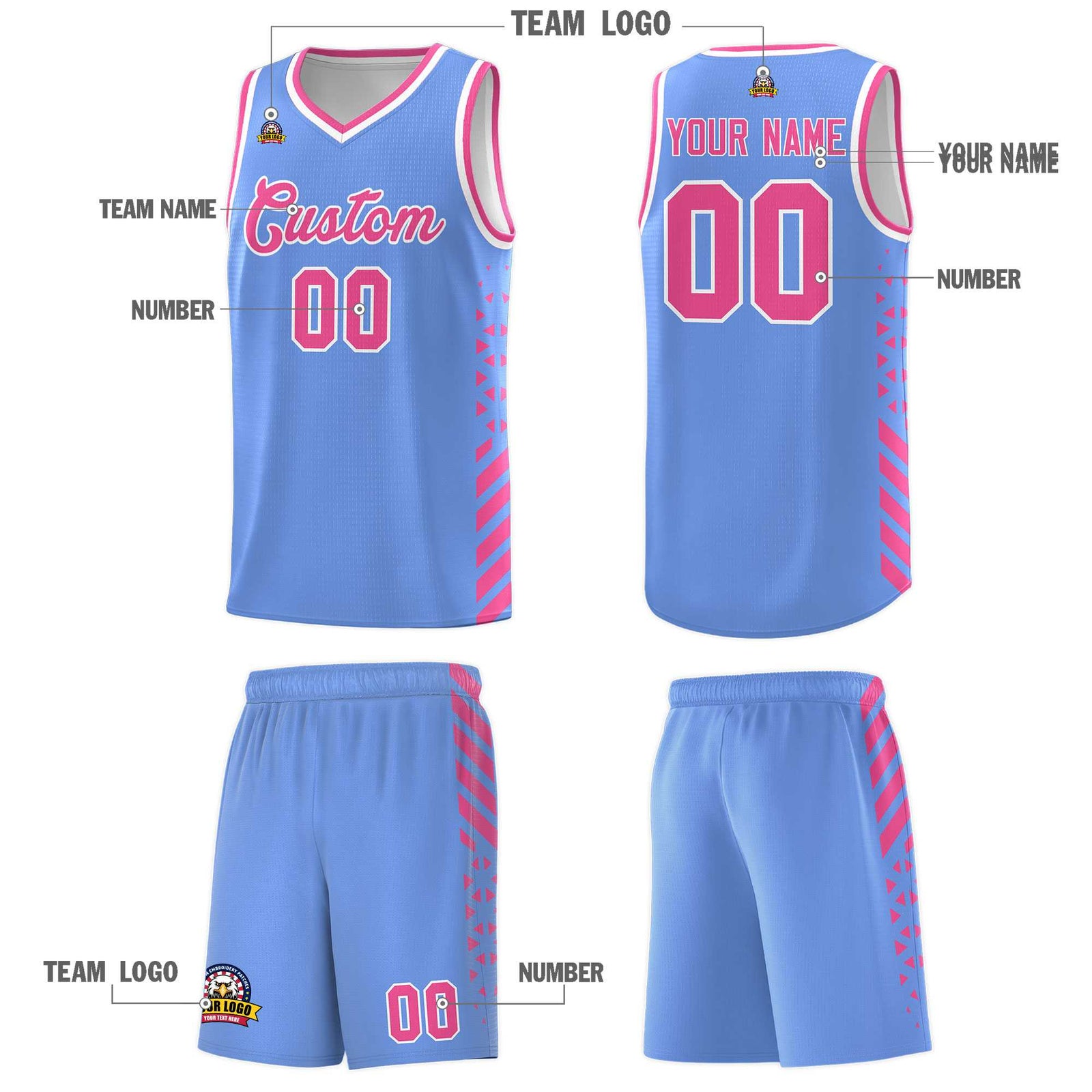 Custom Light Blue Basketball Kits With Side Pink Diamond Stripe Pattern