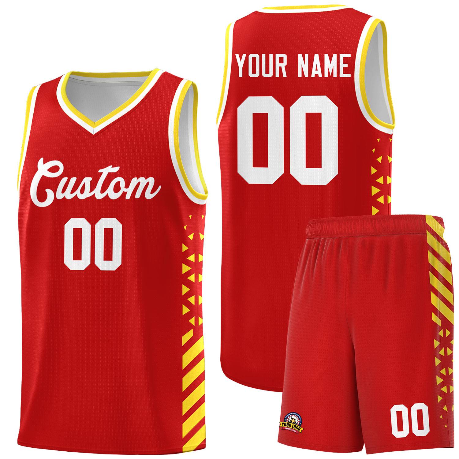 Custom Red Basketball Kits With Side Gold Diamond Stripe Pattern