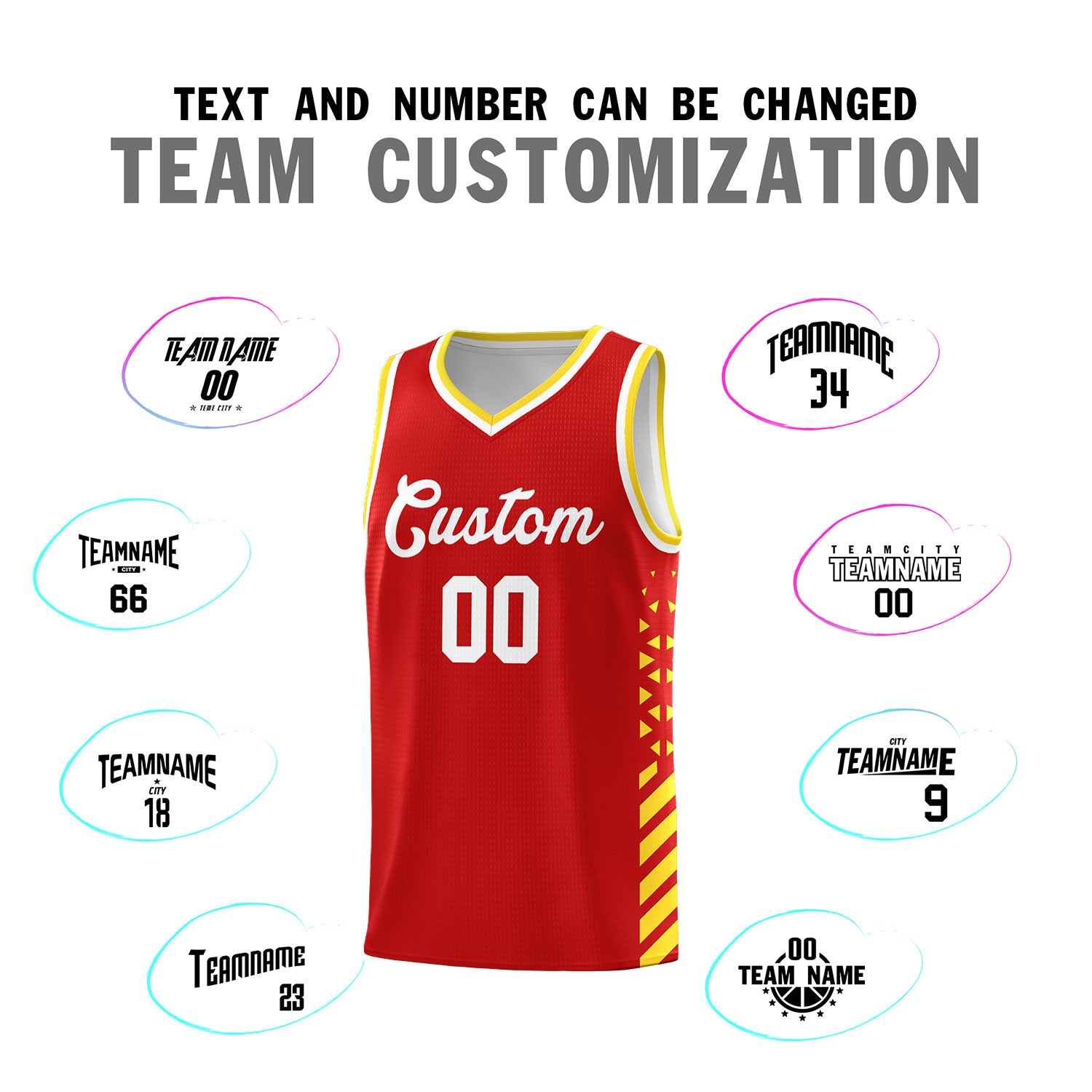Custom Red Basketball Kits With Side Gold Diamond Stripe Pattern