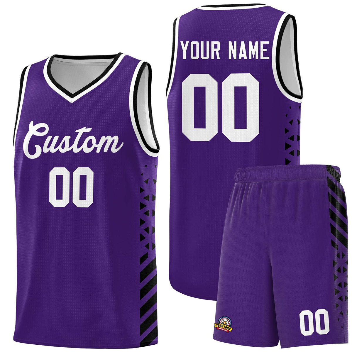 Custom Purple Basketball Kits With Side Black Diamond Stripe Pattern