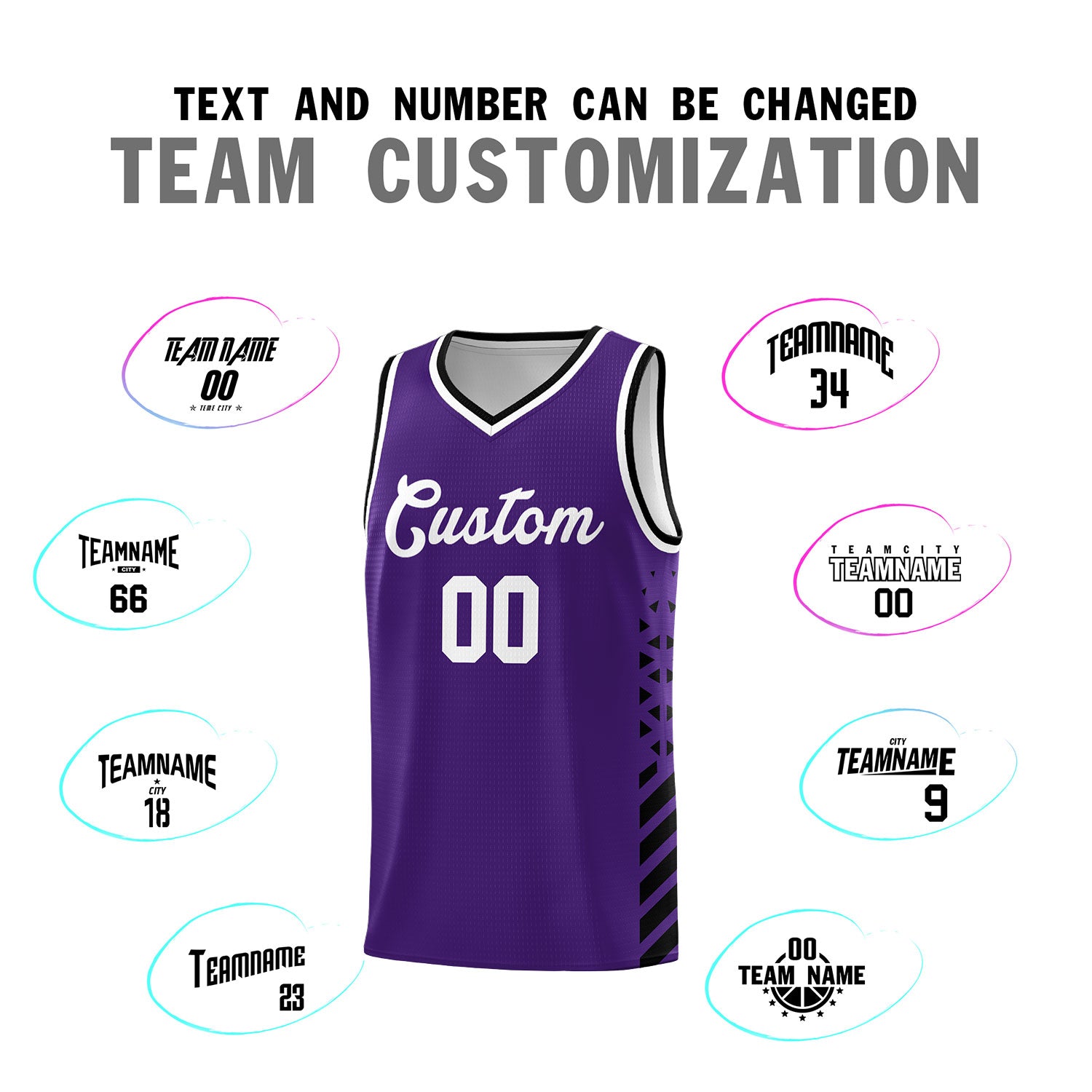 Custom Purple Basketball Kits With Side Black Diamond Stripe Pattern