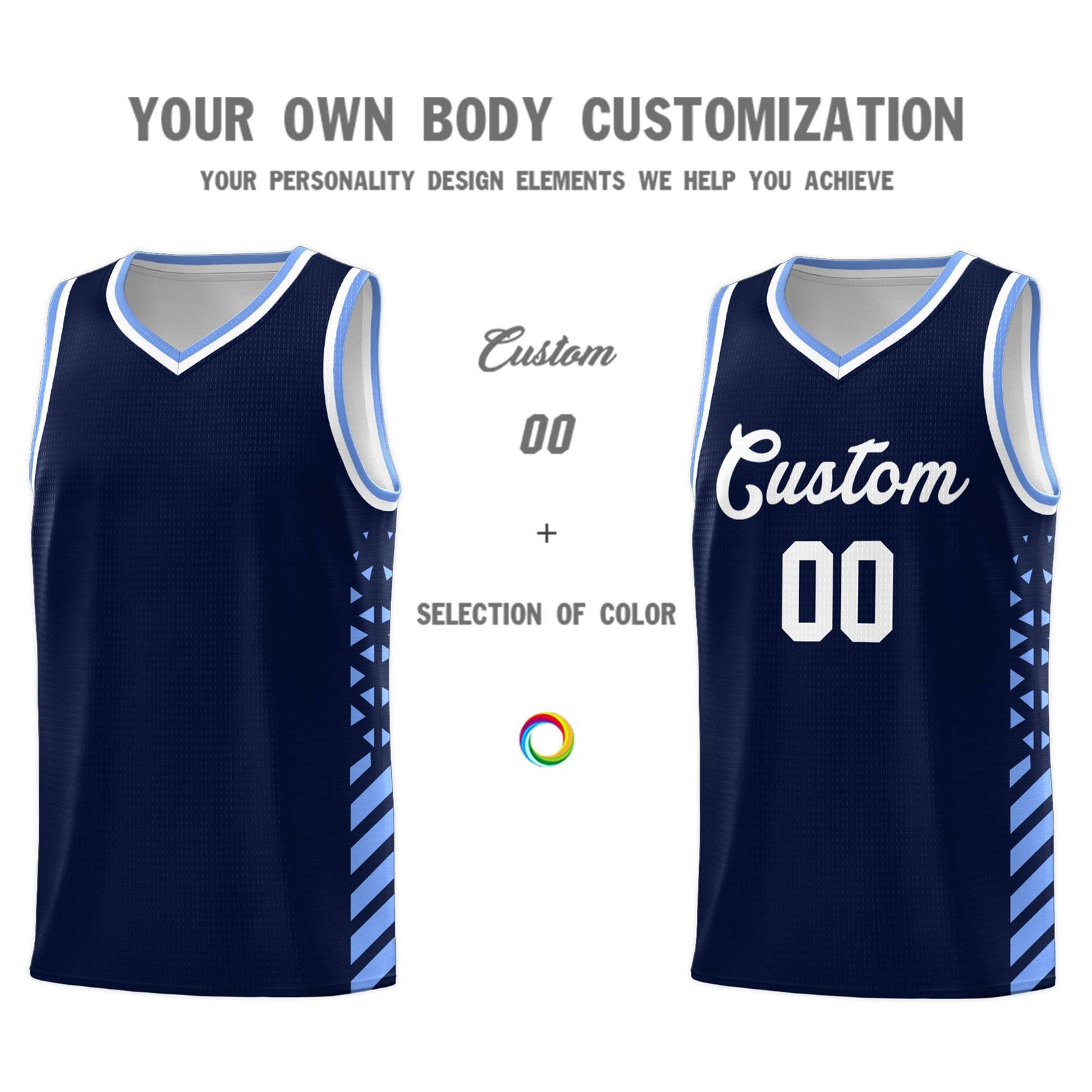 Custom Navy Basketball Kits With Side Light Blue Diamond Stripe Pattern