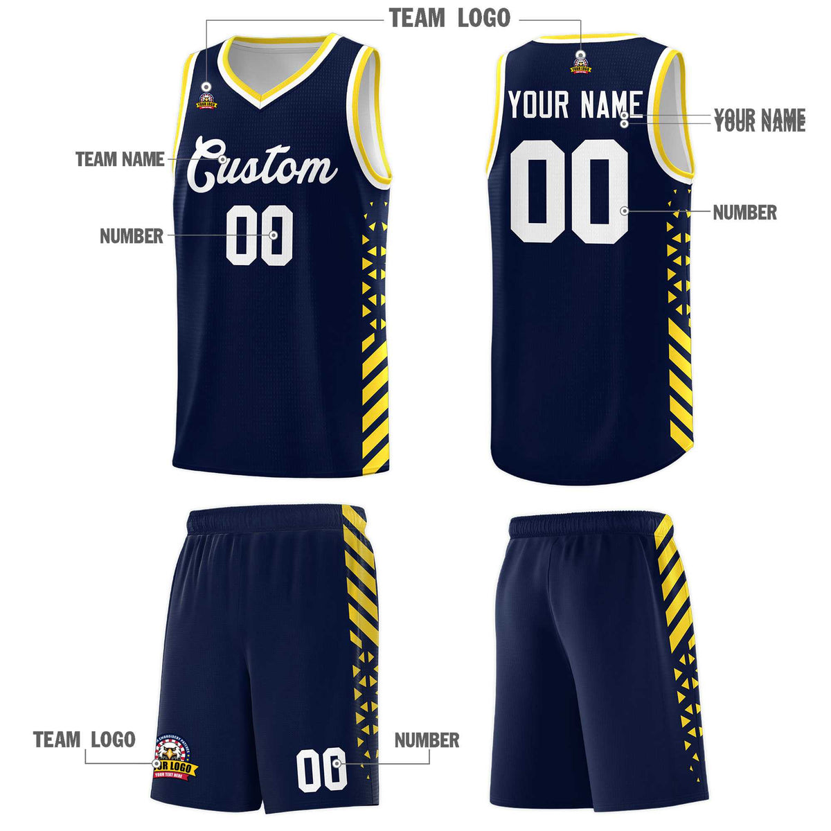 Custom Navy Basketball Kits With Side Gold Diamond Stripe Pattern