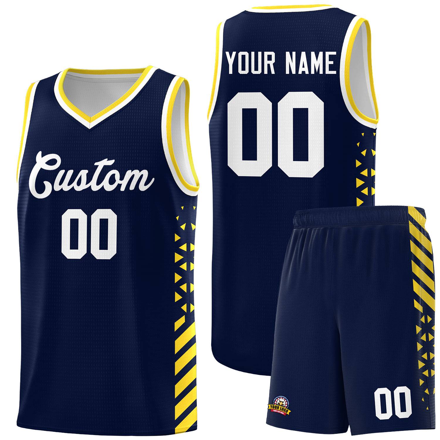 Custom Navy Basketball Kits With Side Gold Diamond Stripe Pattern