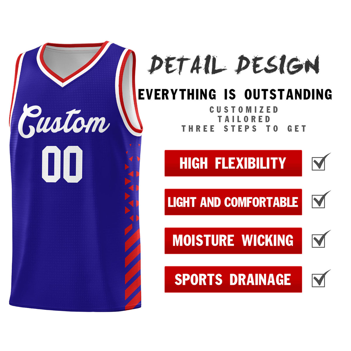 Custom Royal Basketball Kits With Side Red Diamond Stripe Pattern
