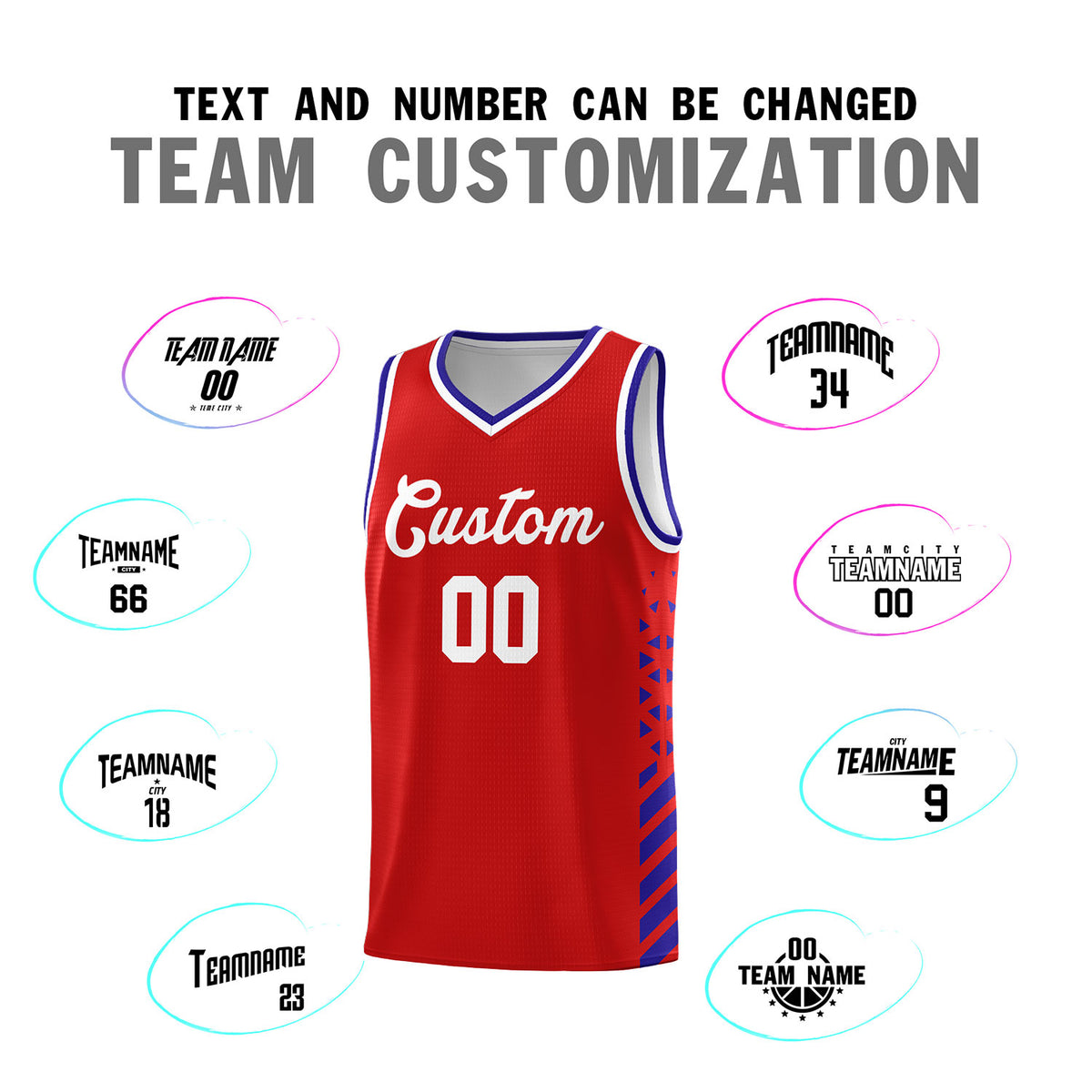 Custom Red Basketball Kits With Side Royal Diamond Stripe Pattern