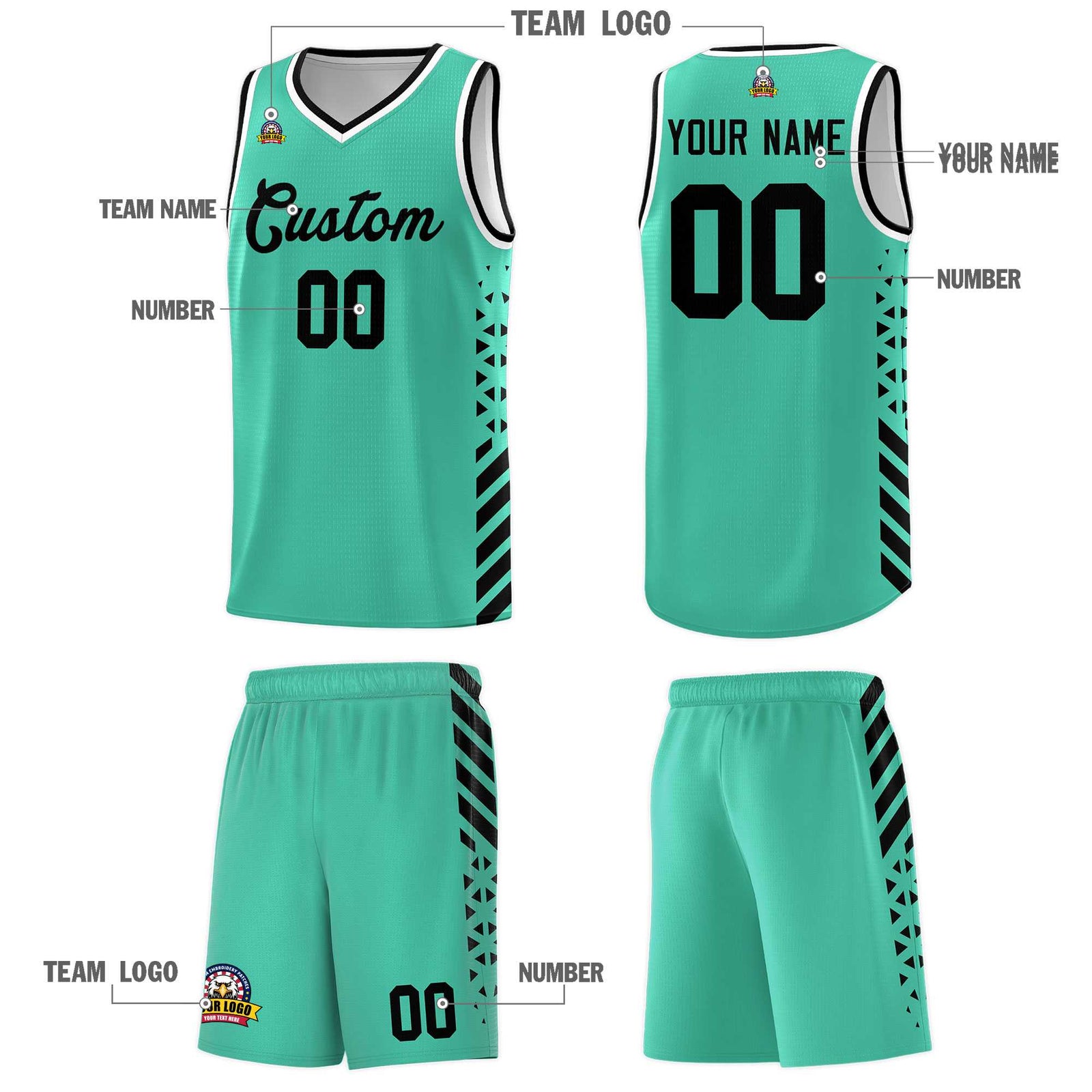 Custom Bright Green Basketball Kits With Side Black Diamond Stripe Pattern
