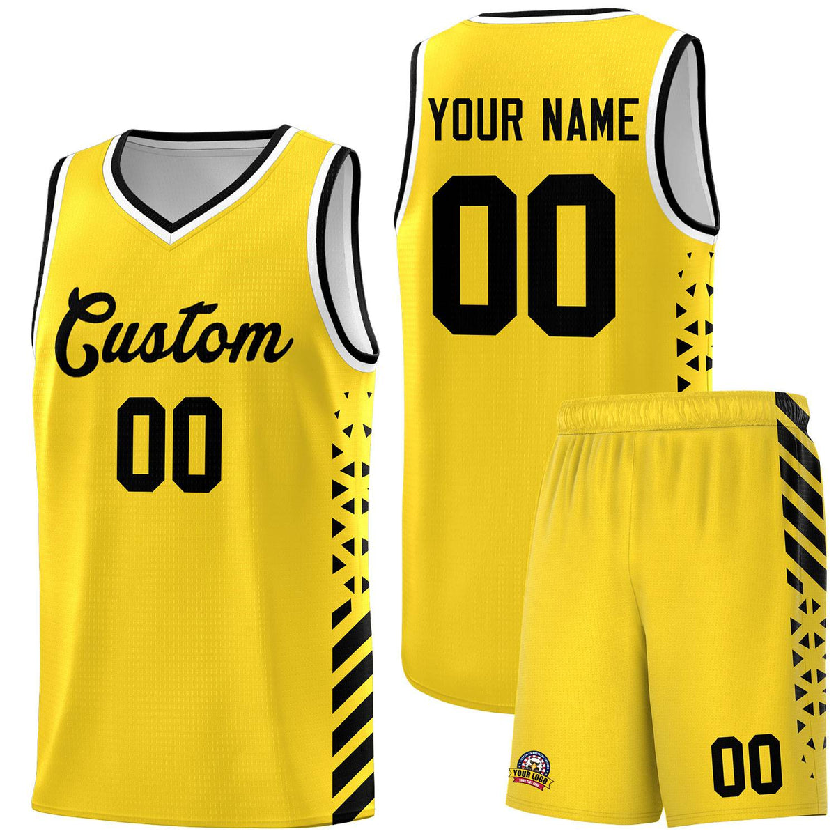 Custom Gold Basketball Kits With Side Black Diamond Stripe Pattern