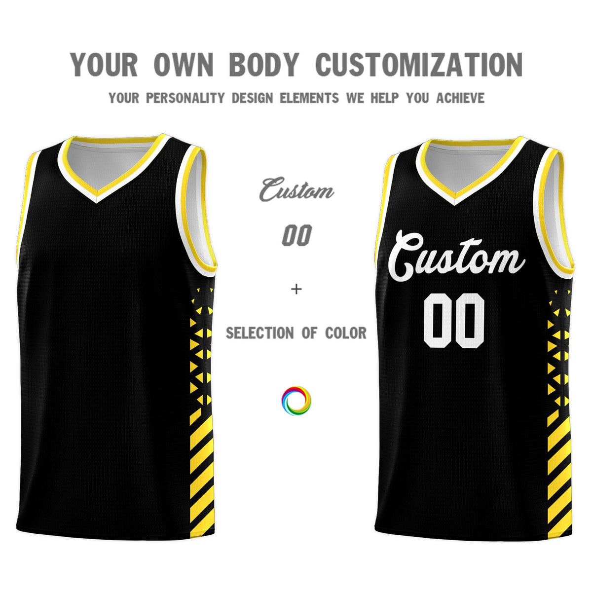 Custom Black Basketball Kits With Side Gold Diamond Stripe Pattern
