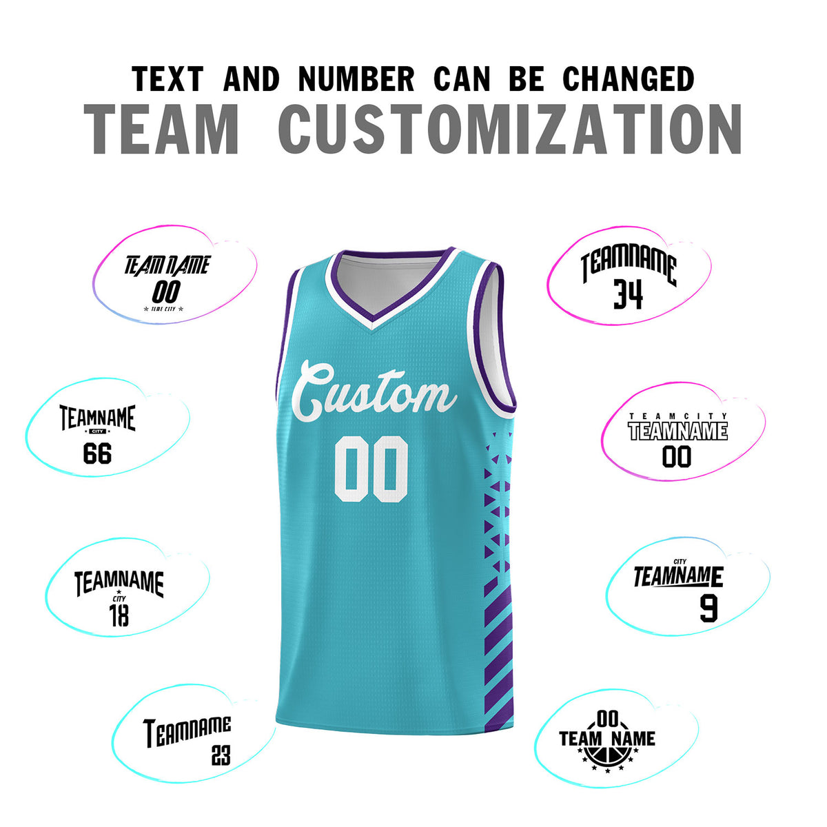 Custom Sky Blue Basketball Kits With Side Purple Diamond Stripe Pattern