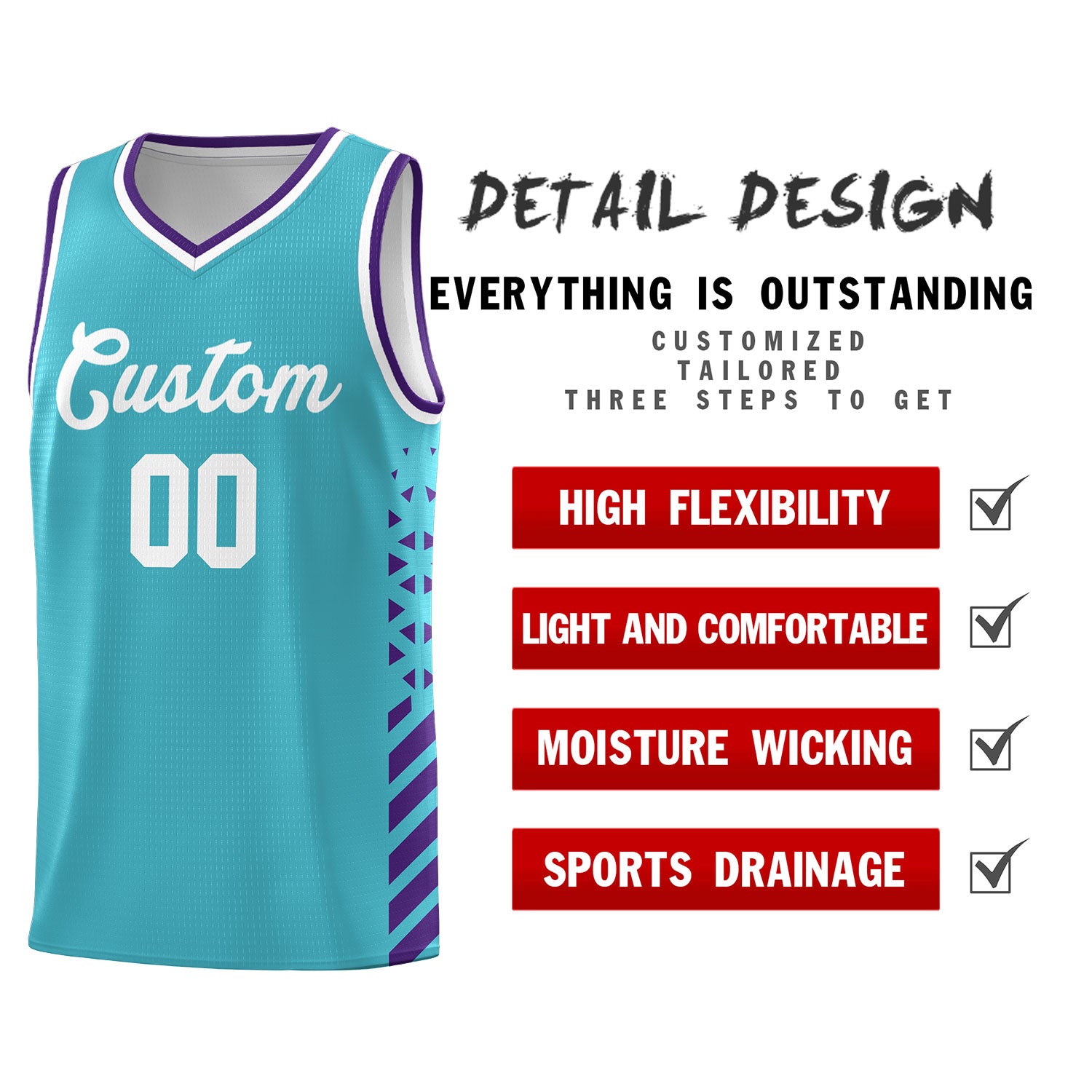 Custom Sky Blue Basketball Kits With Side Purple Diamond Stripe Pattern
